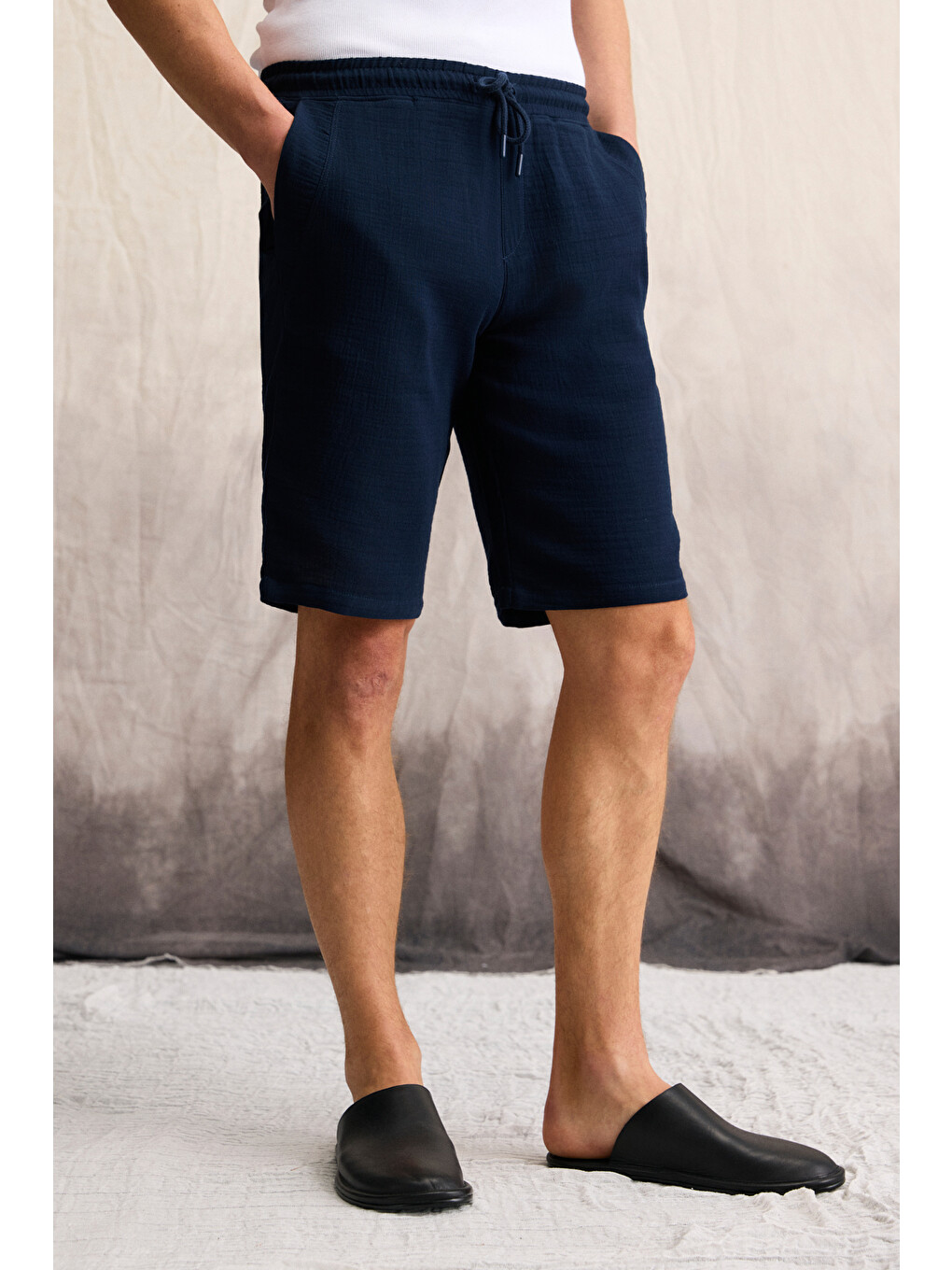 Lacivert JENS Erkek %100 Pamuk Yanları Cepli Slim Fit Dar Kesim LACİVERT Şort-2