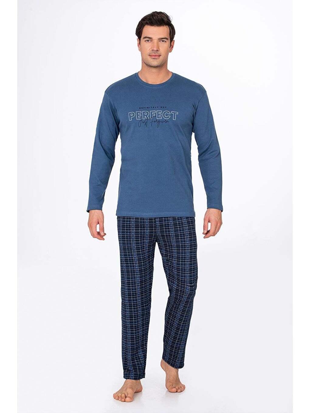 Erkek İnterlok Penye Bisiklet Yaka Pijama Takımı | İndigo 020