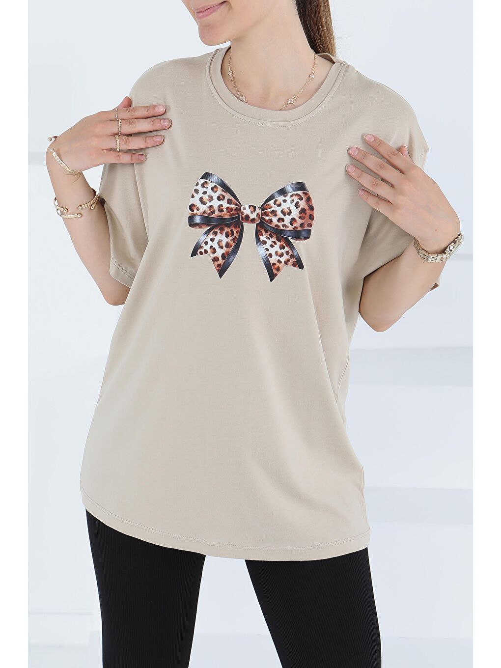 Baskılı Kısa Kollu T-Şhirt Bej - 27501-1