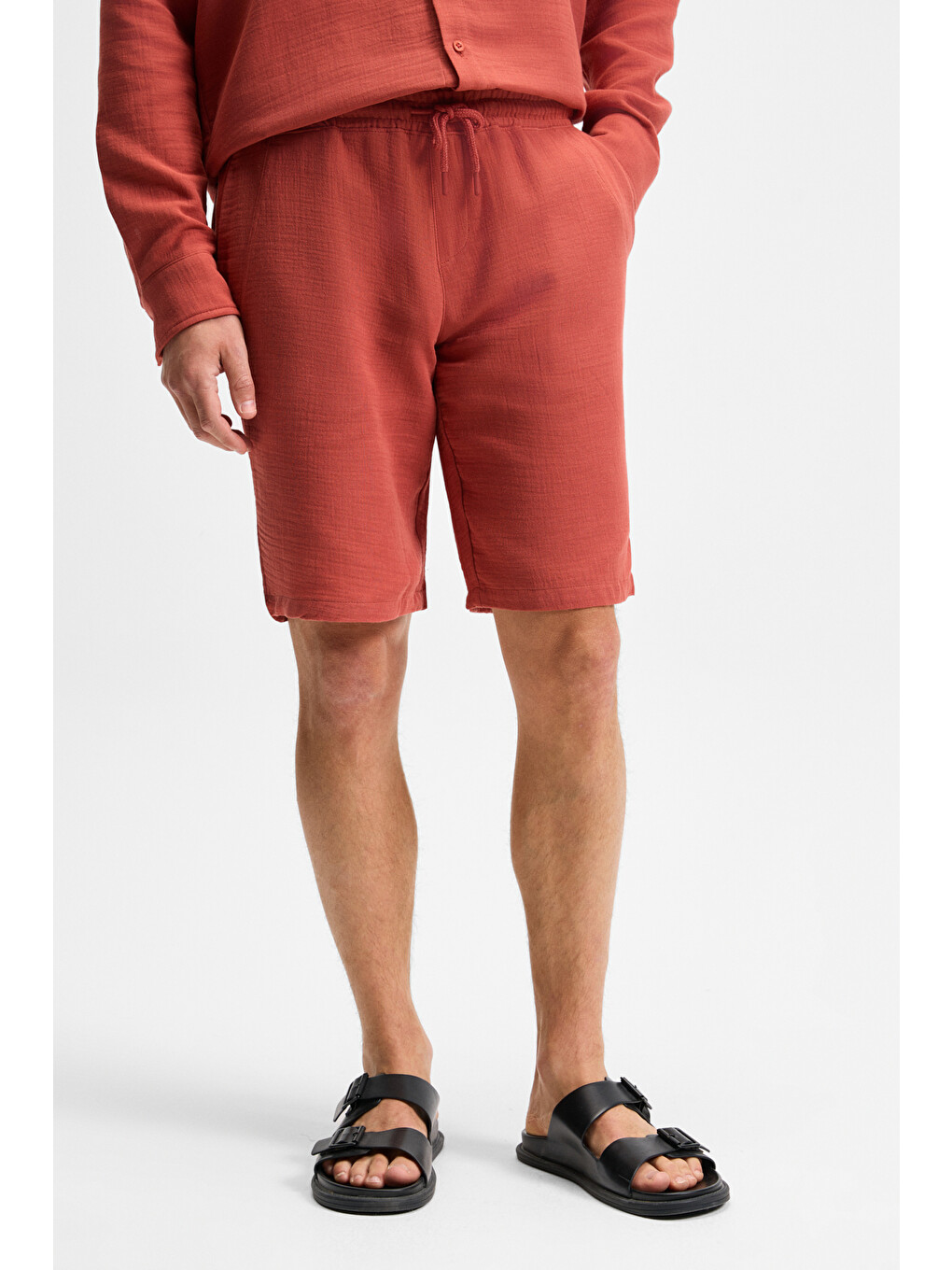 Kahverengi JENS Erkek %100 Pamuk Yanları Cepli Slim Fit Dar Kesim KİREMİT Şort-1
