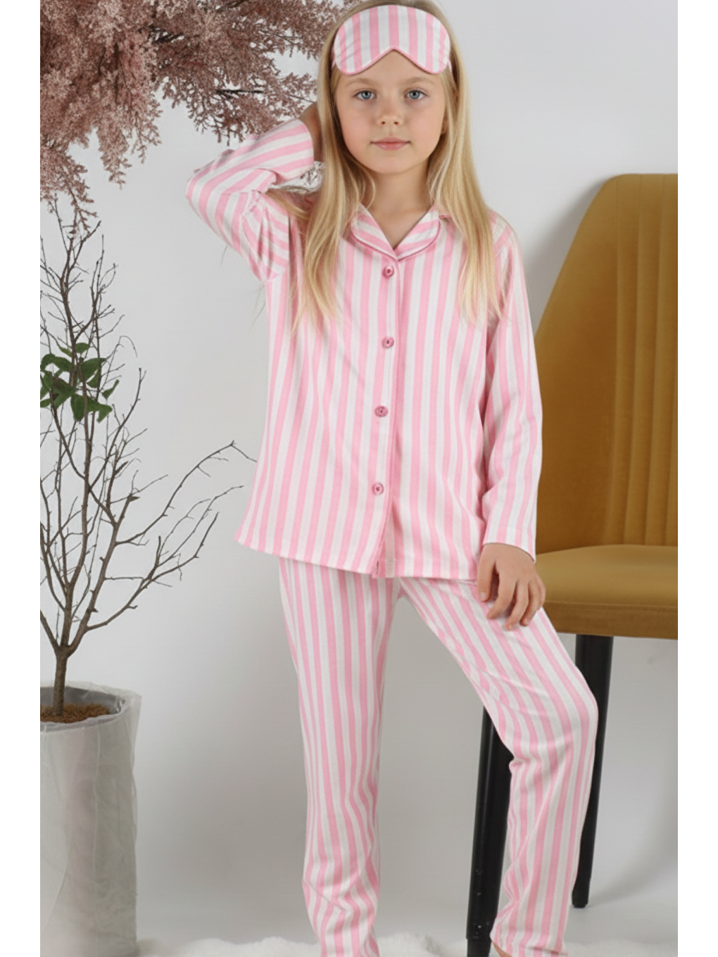 Pembe Kız Çocuk Çizgili Göz Bantlı Düğmeli %100 Pamuklu Pijama Takımı