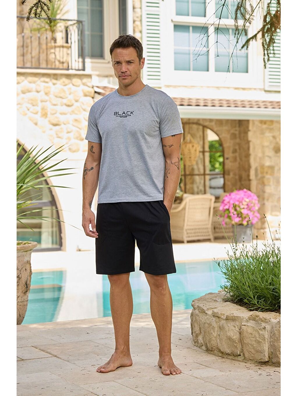 Erkek %100 Organik Pamuk Gri Kısa Kollu Şortlu Doğal Pijama Takımı