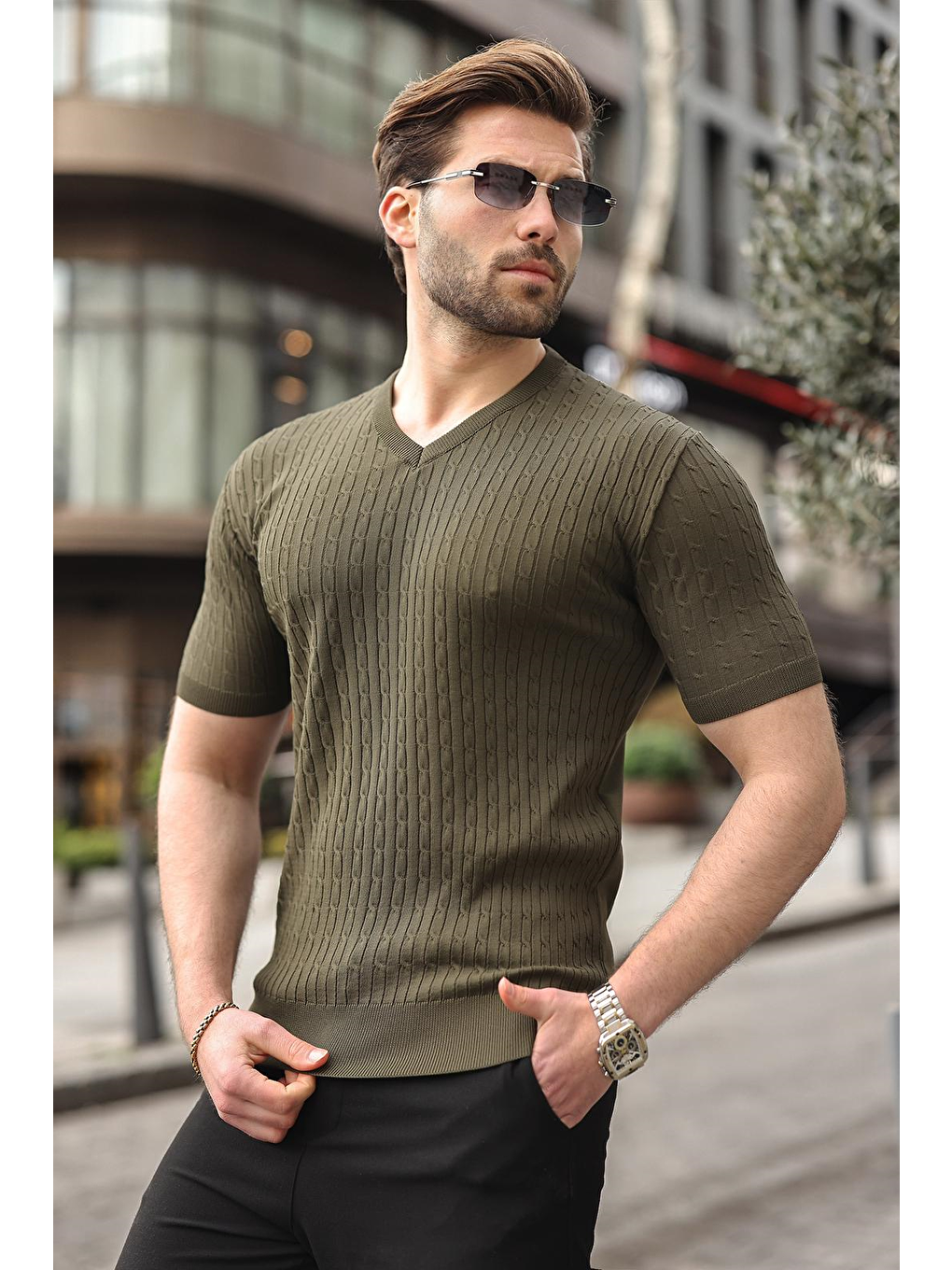 Haki V Yaka Kısa Kollu Triko Erkek Tişört E7467