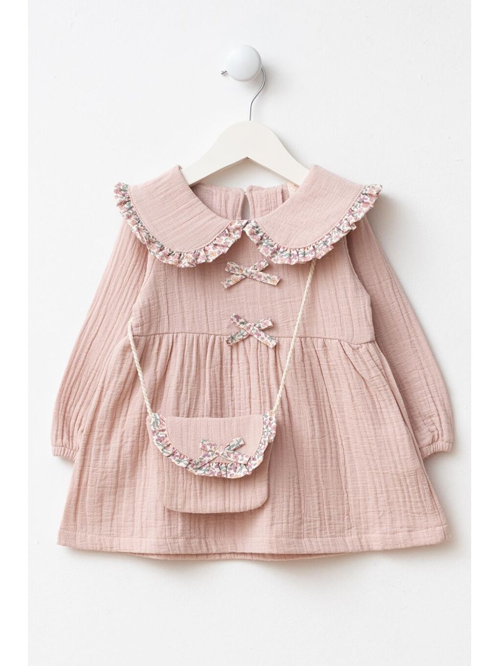 Kız Çocuk Pamuklu Pembe Elbise – Büyük Yaka Detaylı, Çantalı