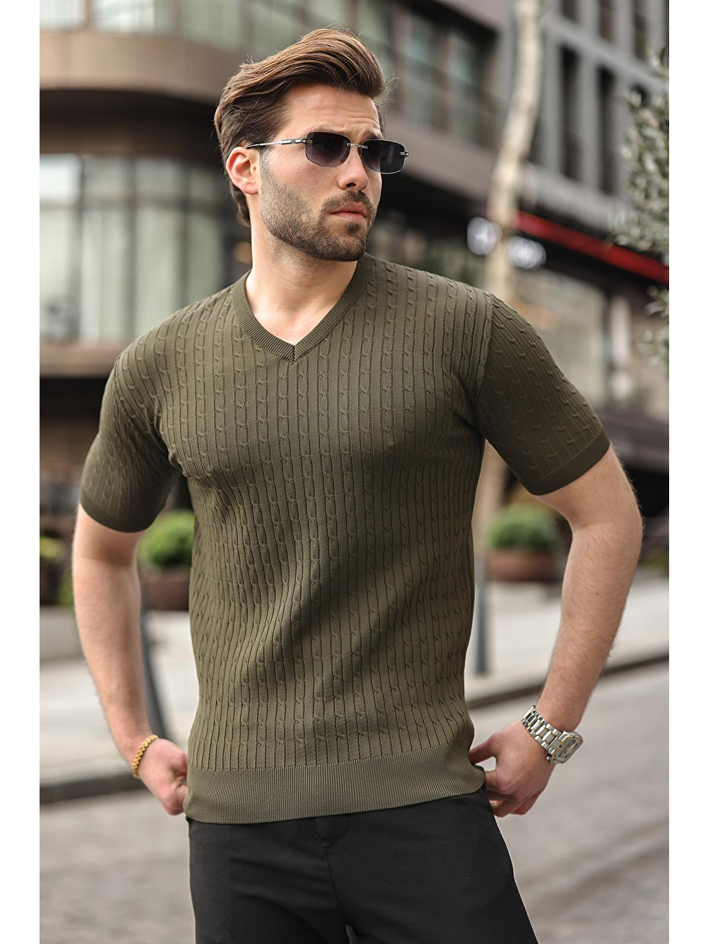 Haki V Yaka Kısa Kollu Triko Erkek Tişört E7467-1