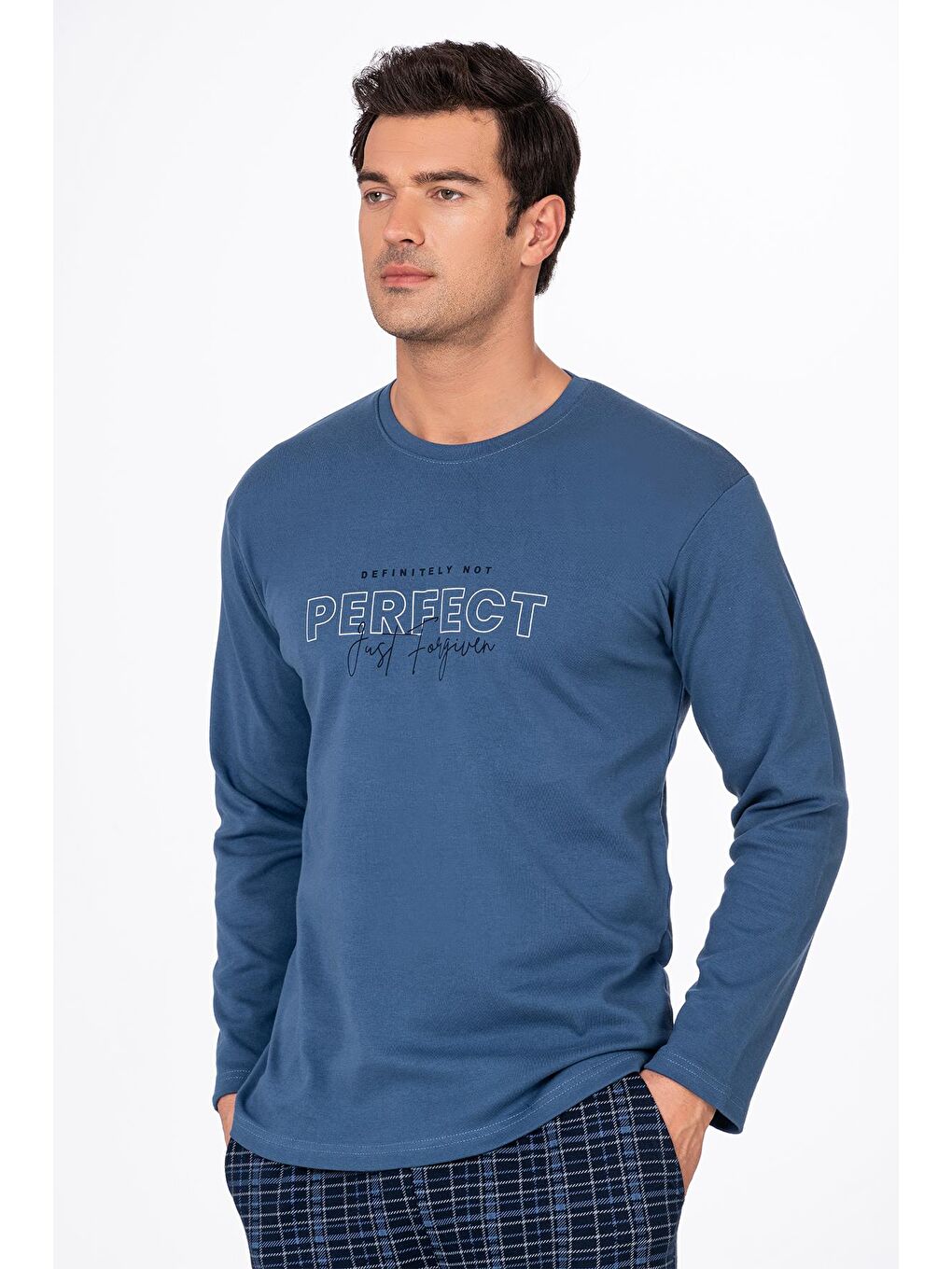 Erkek İnterlok Penye Bisiklet Yaka Pijama Takımı | İndigo 020-2