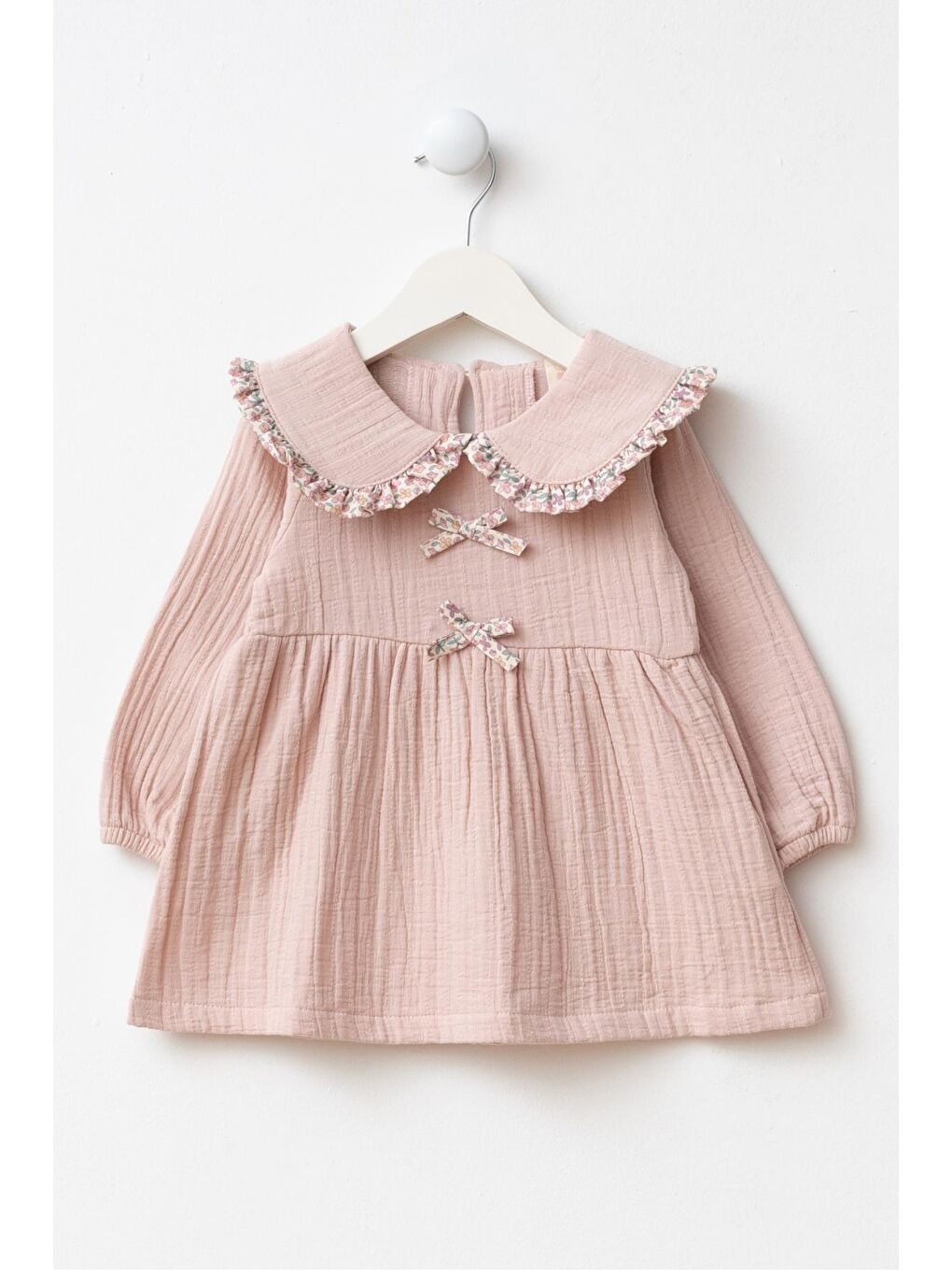 Kız Çocuk Pamuklu Pembe Elbise – Büyük Yaka Detaylı, Çantalı-1