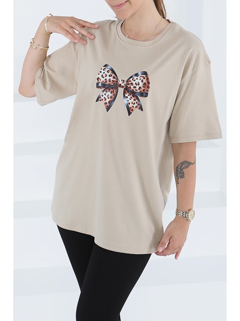 Baskılı Kısa Kollu T-Şhirt Bej - 27501-2