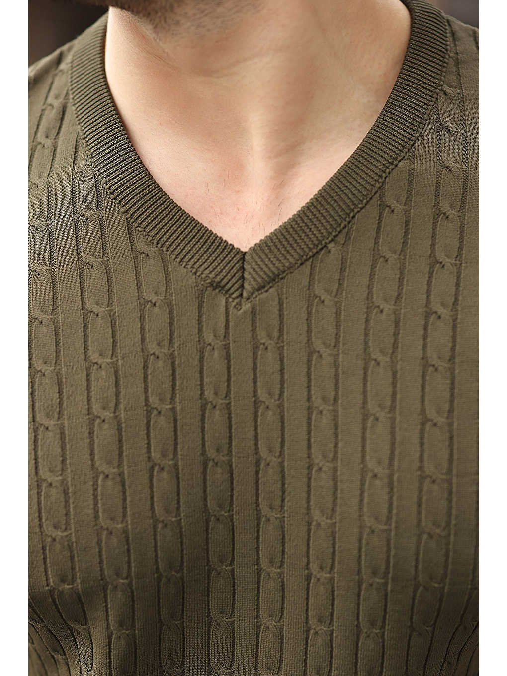 Haki V Yaka Kısa Kollu Triko Erkek Tişört E7467-2