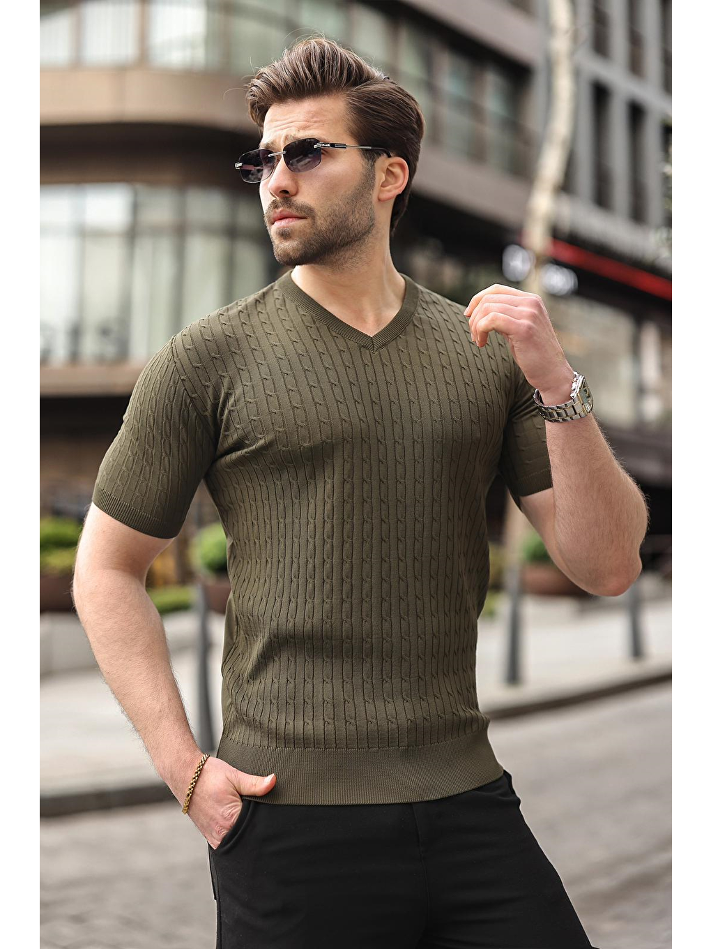 Haki V Yaka Kısa Kollu Triko Erkek Tişört E7467-3