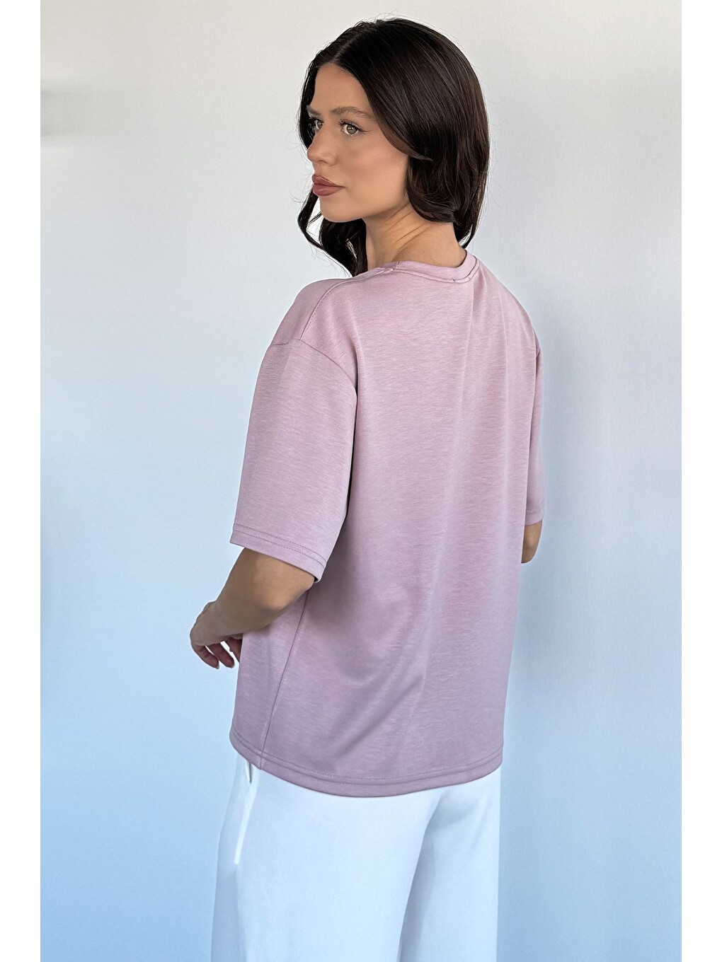 Pembe Kadın Bisiklet Yaka Leopar Baskılı Tişört-3