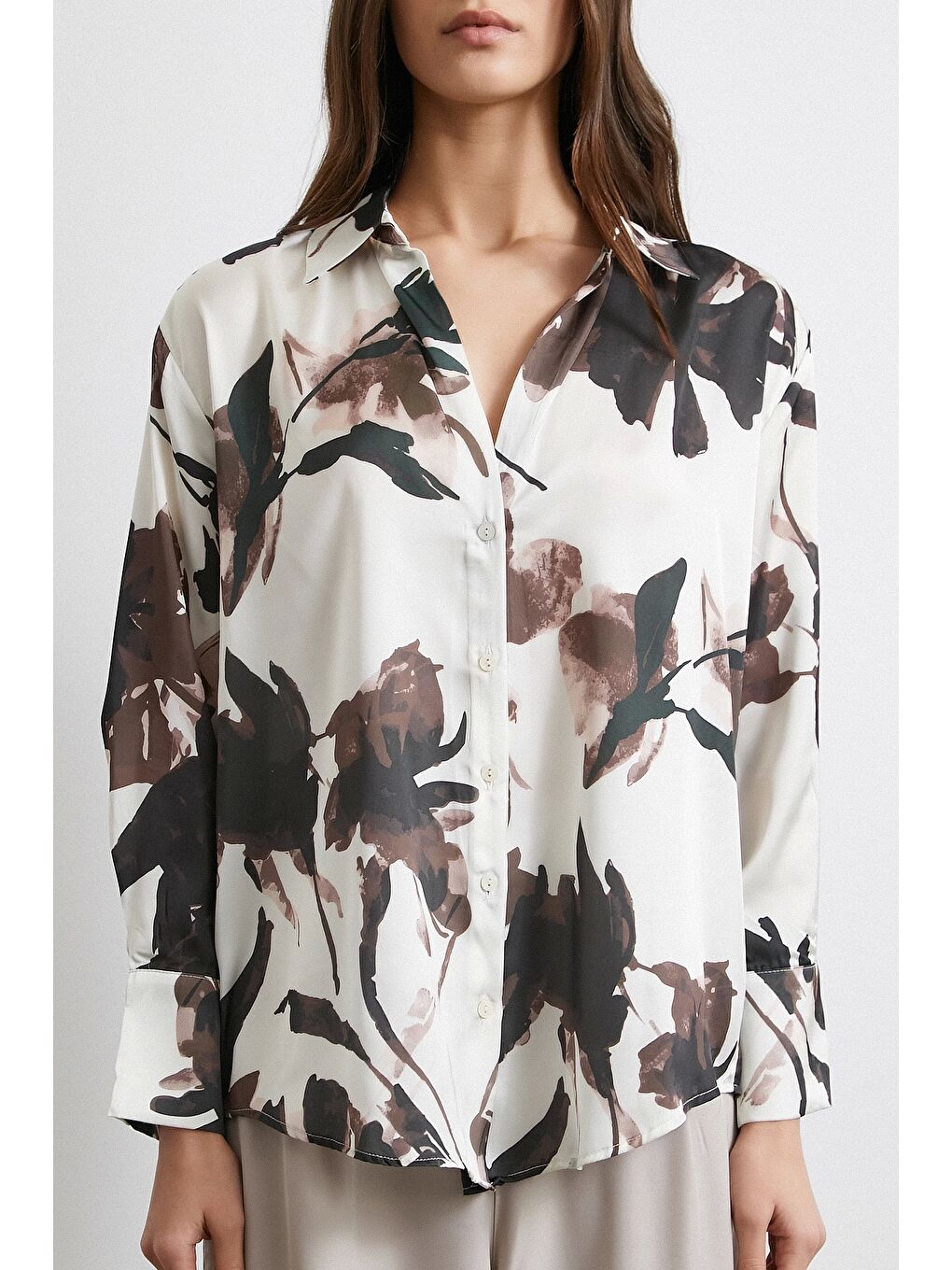 Karışık Saten Yüzeyli Desenli Gömlek Kahve-4