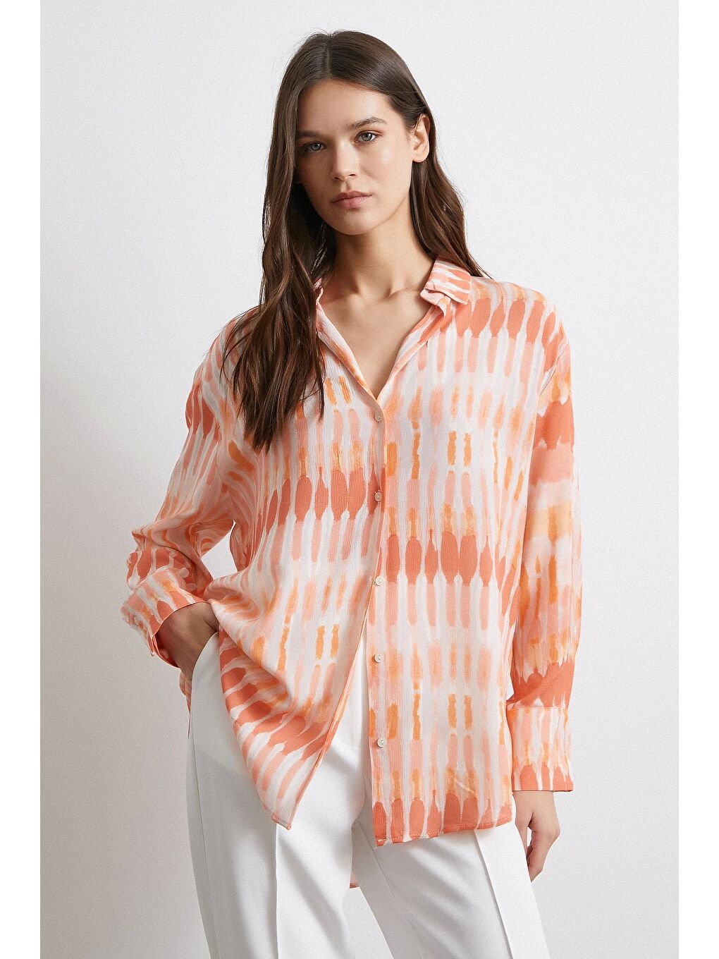 Karışık V Yaka Viskon Maroken Gömlek Oranj-1