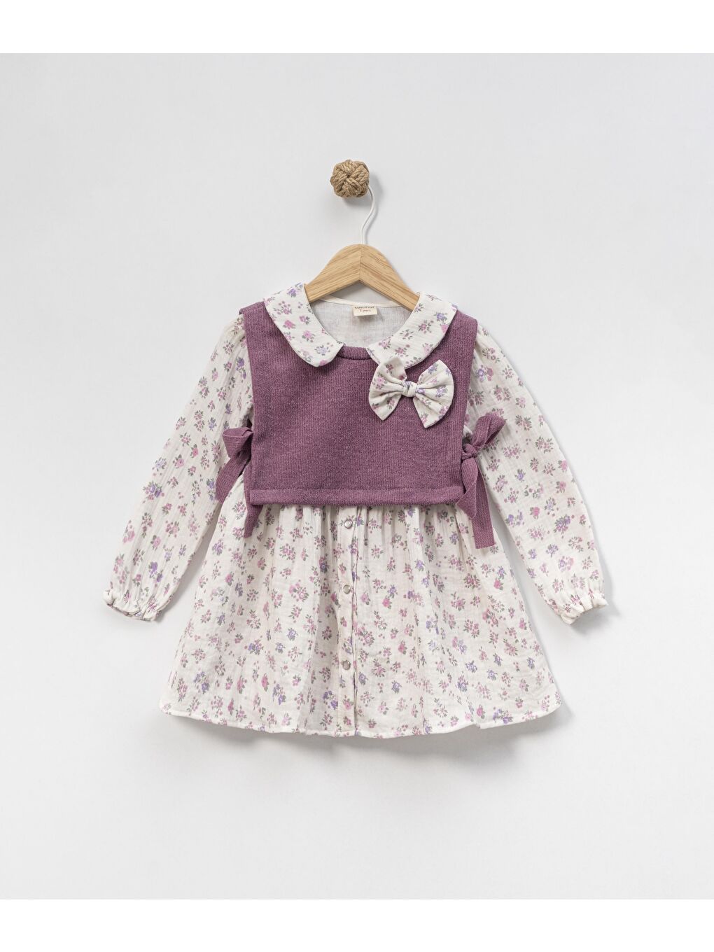Karışık Kız Çocuk Pamuklu Çiçek Desenli Elbise – Triko Yelek Detaylı, Yakalı, Fiyonk Aplikeli-1