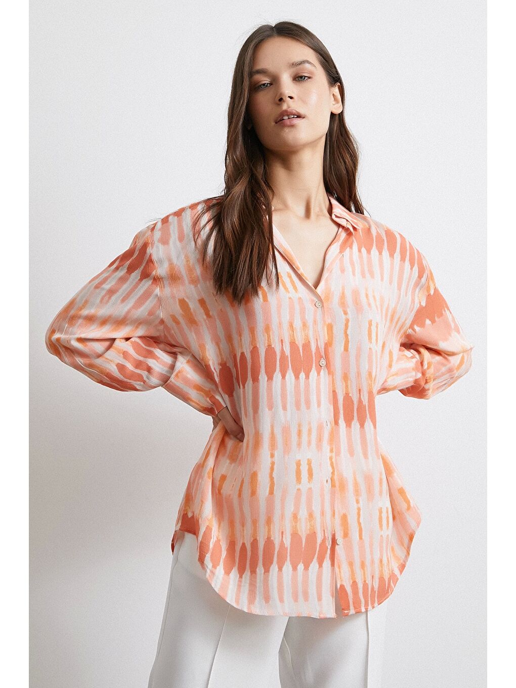 Karışık V Yaka Viskon Maroken Gömlek Oranj-2