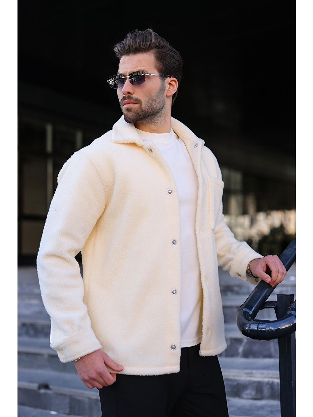 Ekru Çıt Kapamalı Yandan Cepli Erkek Gömlek Ceket E6769-1