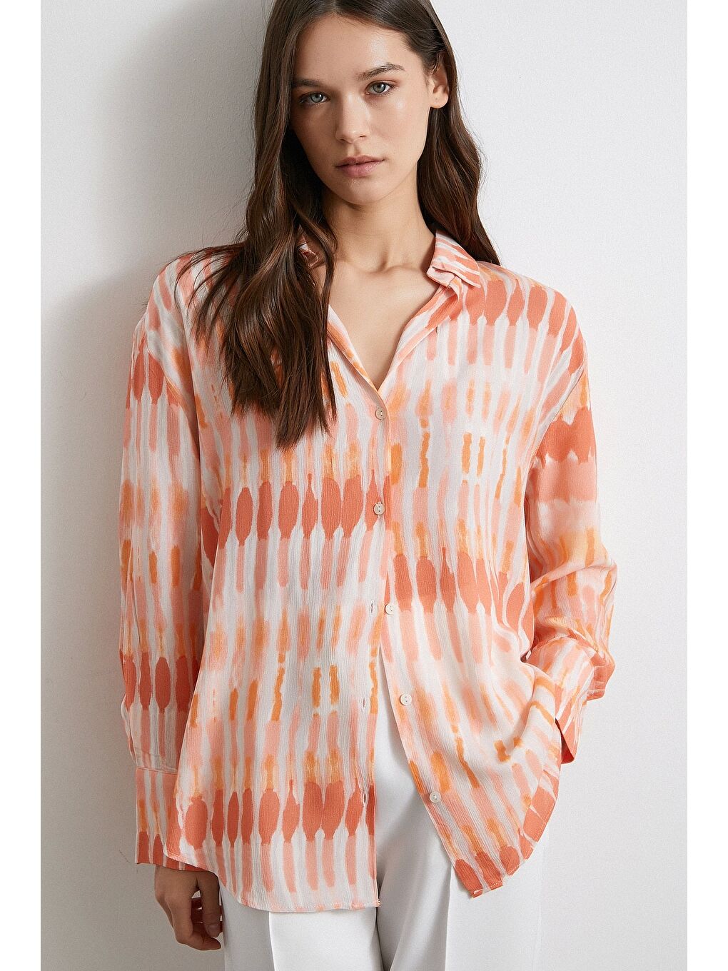 Karışık V Yaka Viskon Maroken Gömlek Oranj-3