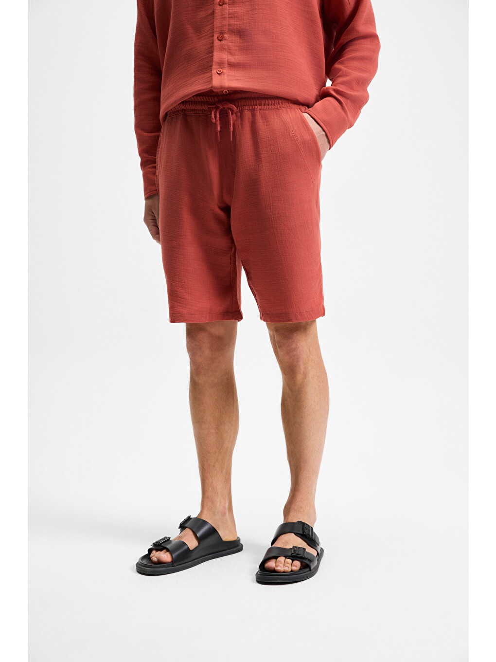 Kahverengi JENS Erkek %100 Pamuk Yanları Cepli Slim Fit Dar Kesim KİREMİT Şort-2