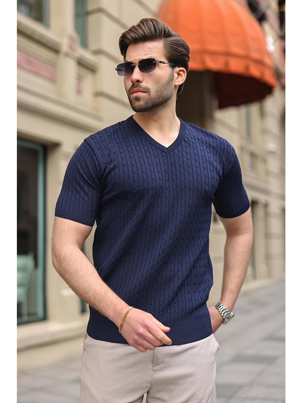 Lacivert V Yaka Kısa Kollu Triko Erkek Tişört E7467-1