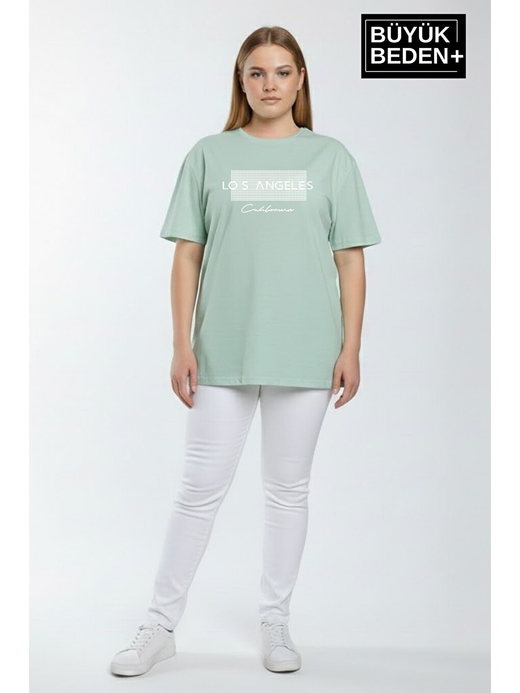 Turkuaz Kadın Büyük Beden Los Angeles Baskılı 3xl-6xl Bisiklet Yaka Tshırt Spr26btsk510-18