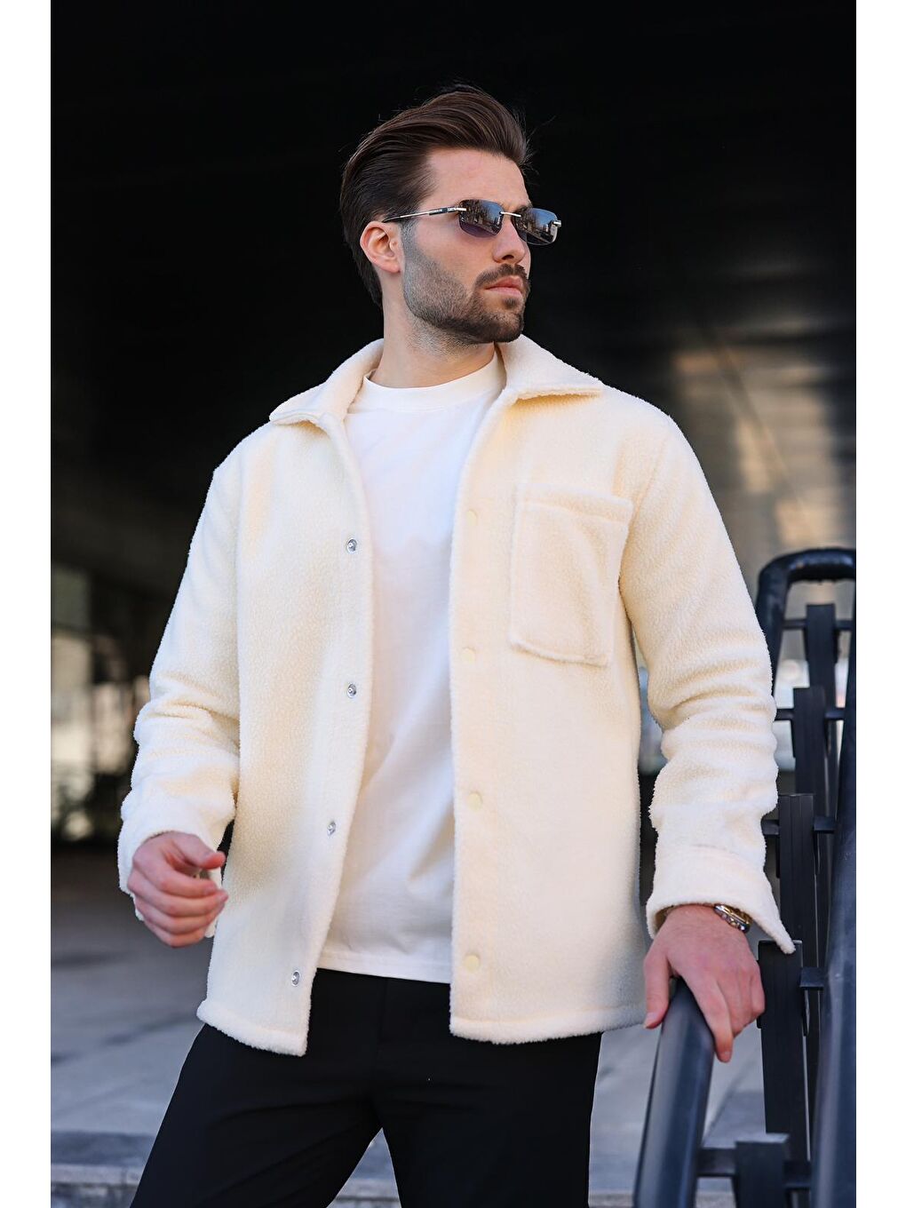 Ekru Çıt Kapamalı Yandan Cepli Erkek Gömlek Ceket E6769-3