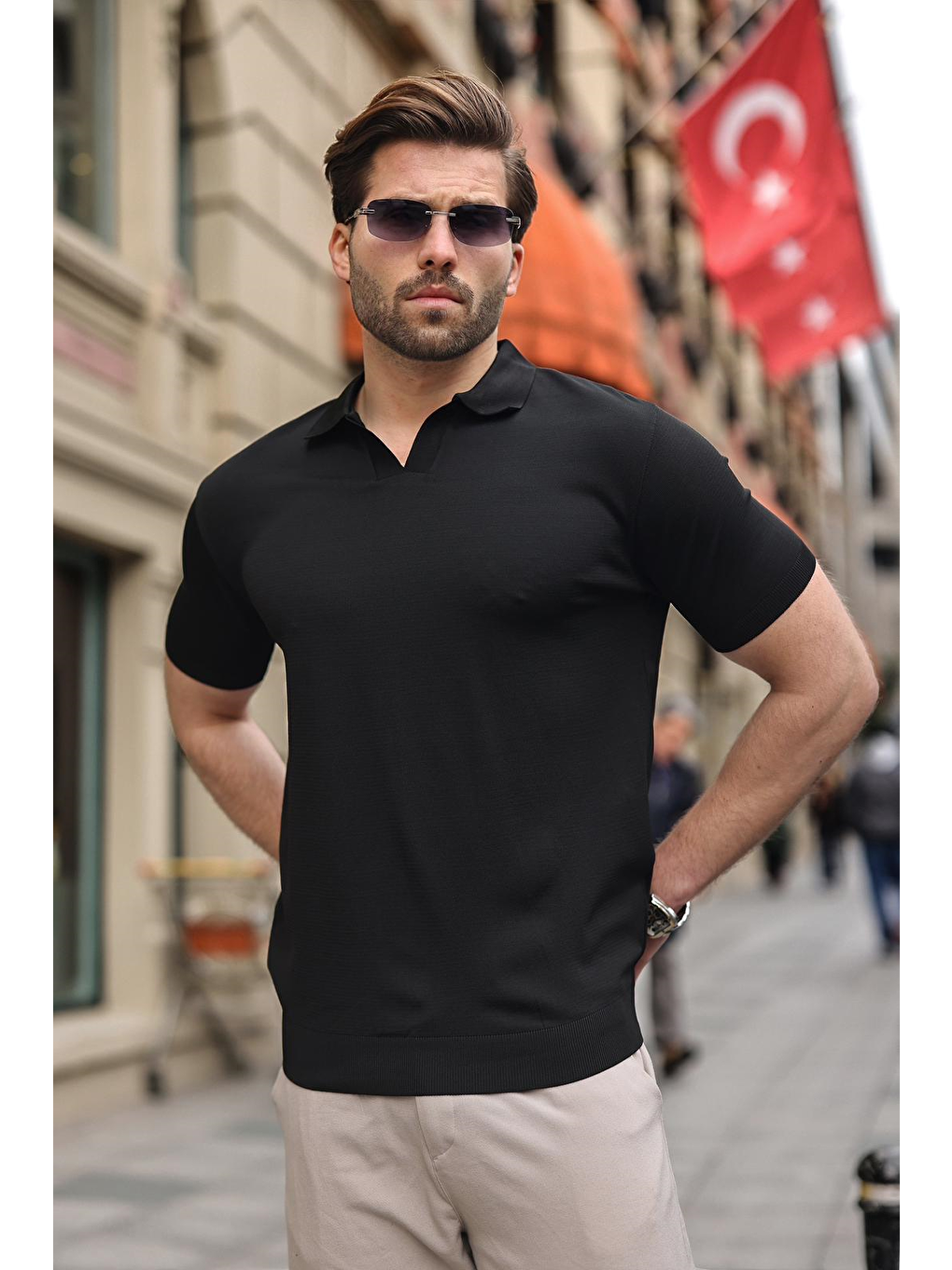 Siyah Polo Yaka Triko Kısa Kollu Erkek Tişört E7463-1