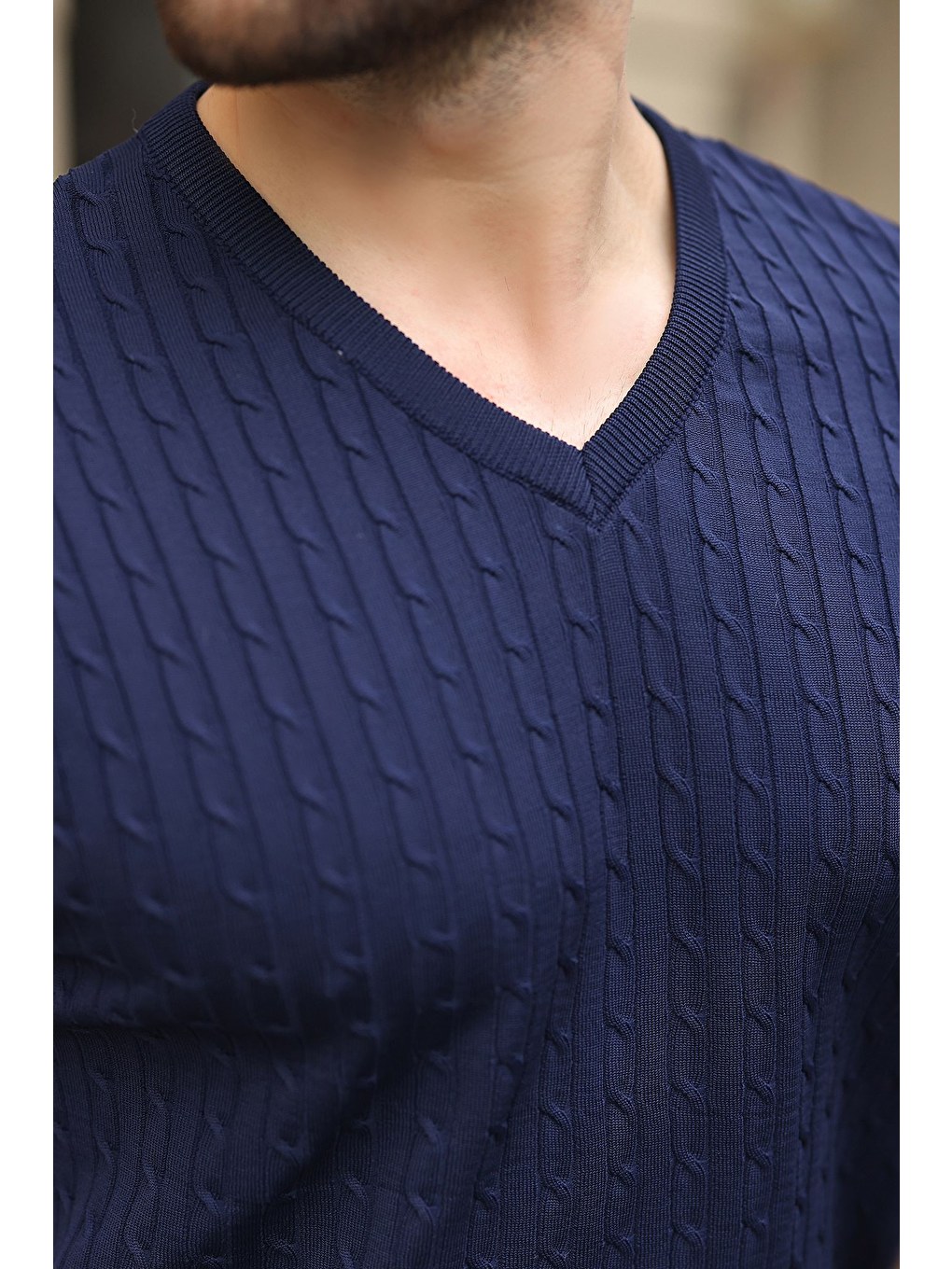 Lacivert V Yaka Kısa Kollu Triko Erkek Tişört E7467-2