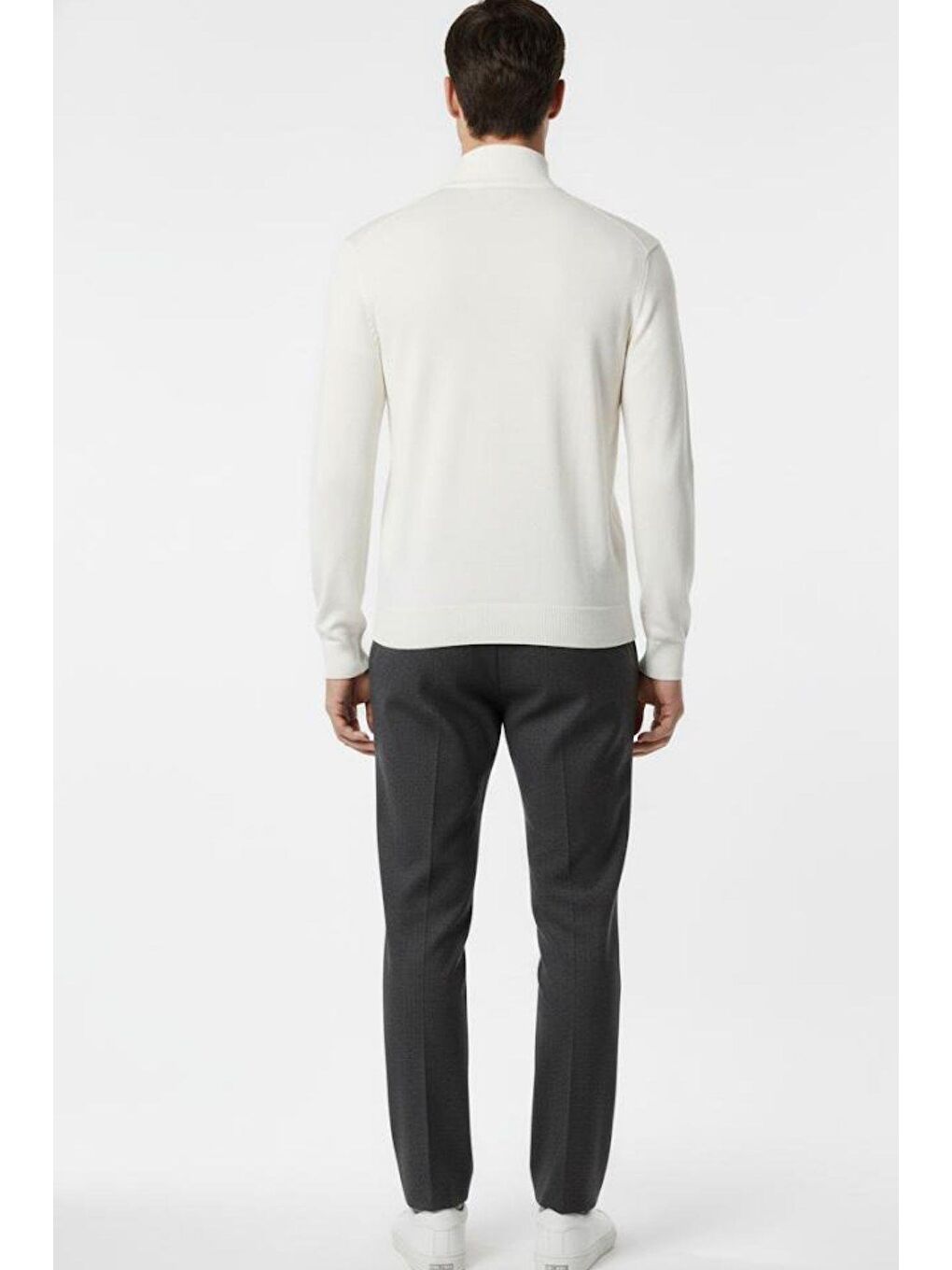 Ekru Regular Fit Pamuklu Fermuarlı Yarım Balıkçı Yaka Erkek Triko Kazak-2