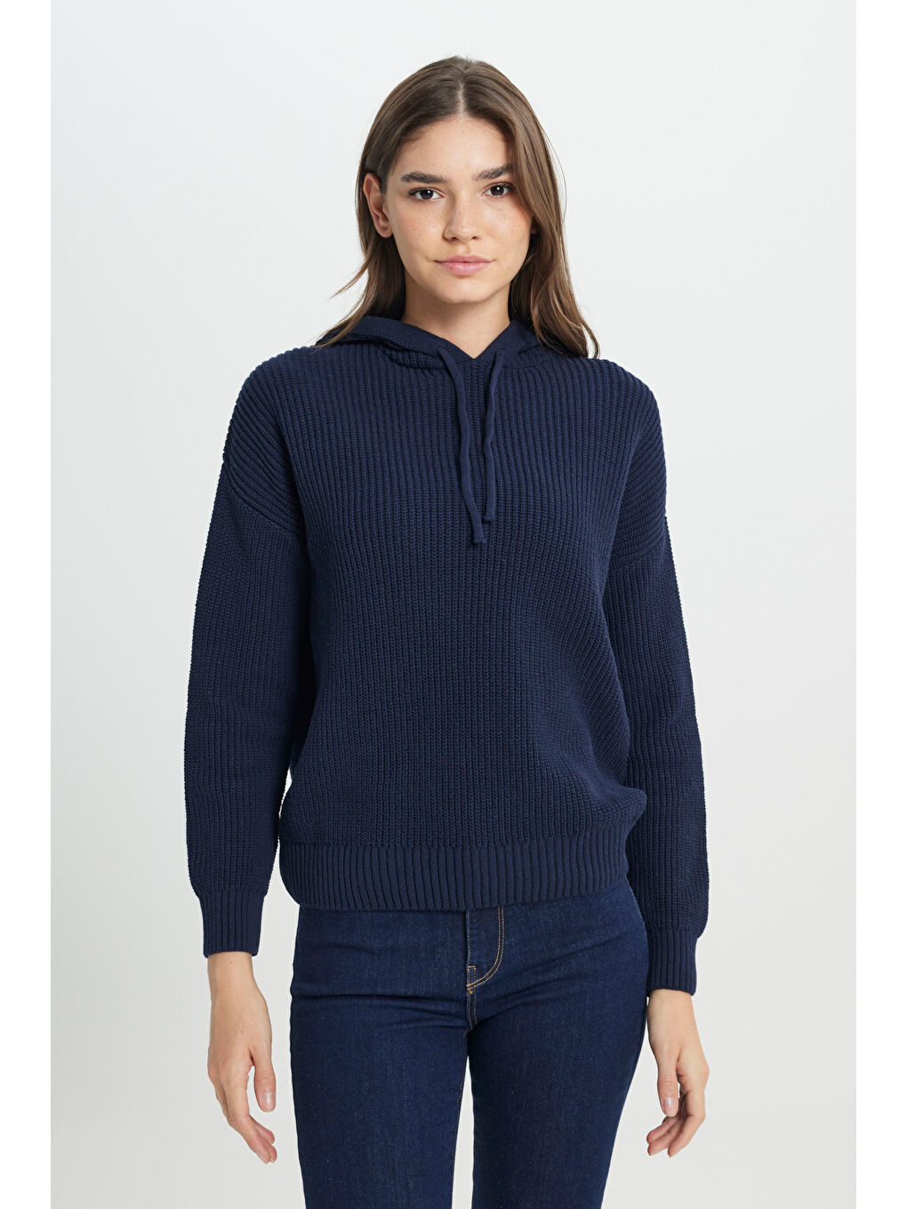 Relaxed Fit Geniş Kesim Kapüşonlu Lacivert Triko Kazak-1