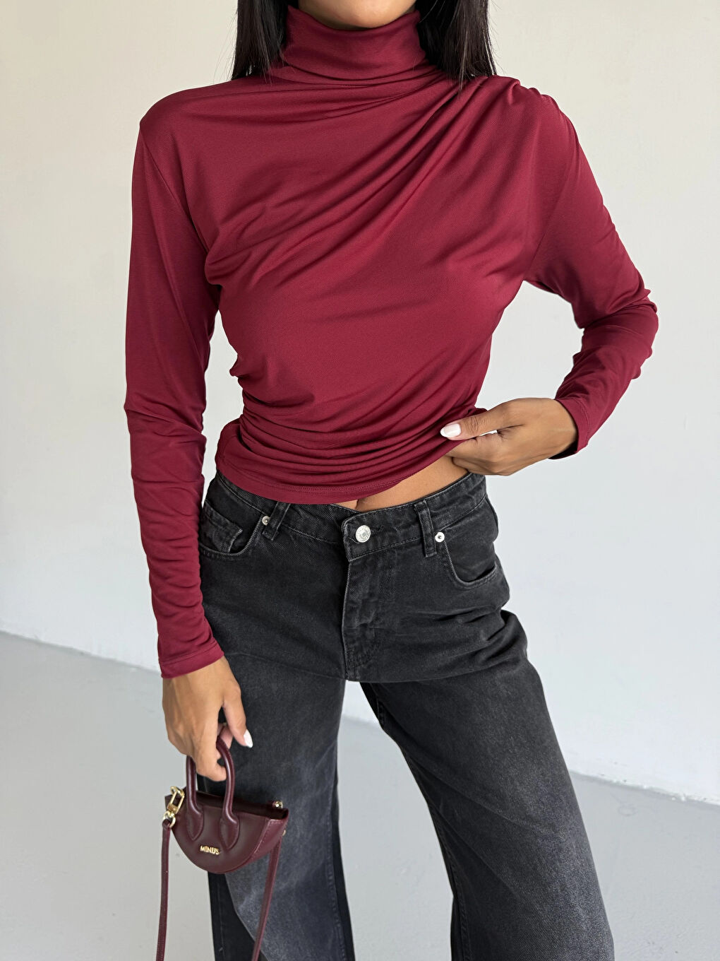 Kadın Bordo Uzun Kollu Drape Detaylı Boğazlı Sandy Bluz HZL25W-FRY123301-1