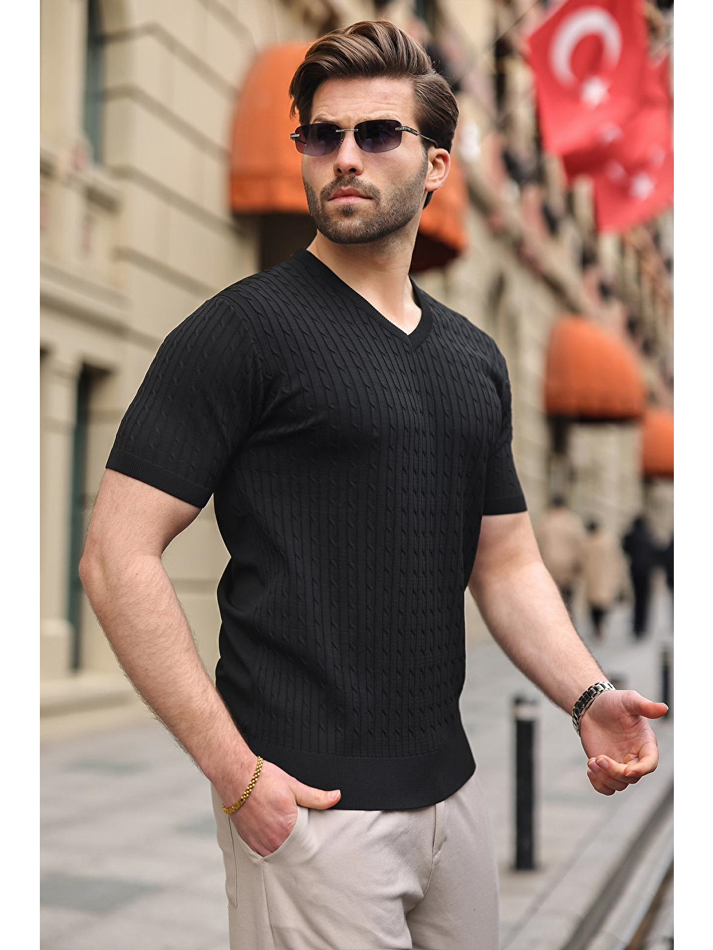 Siyah V Yaka Kısa Kollu Triko Erkek Tişört E7467-1