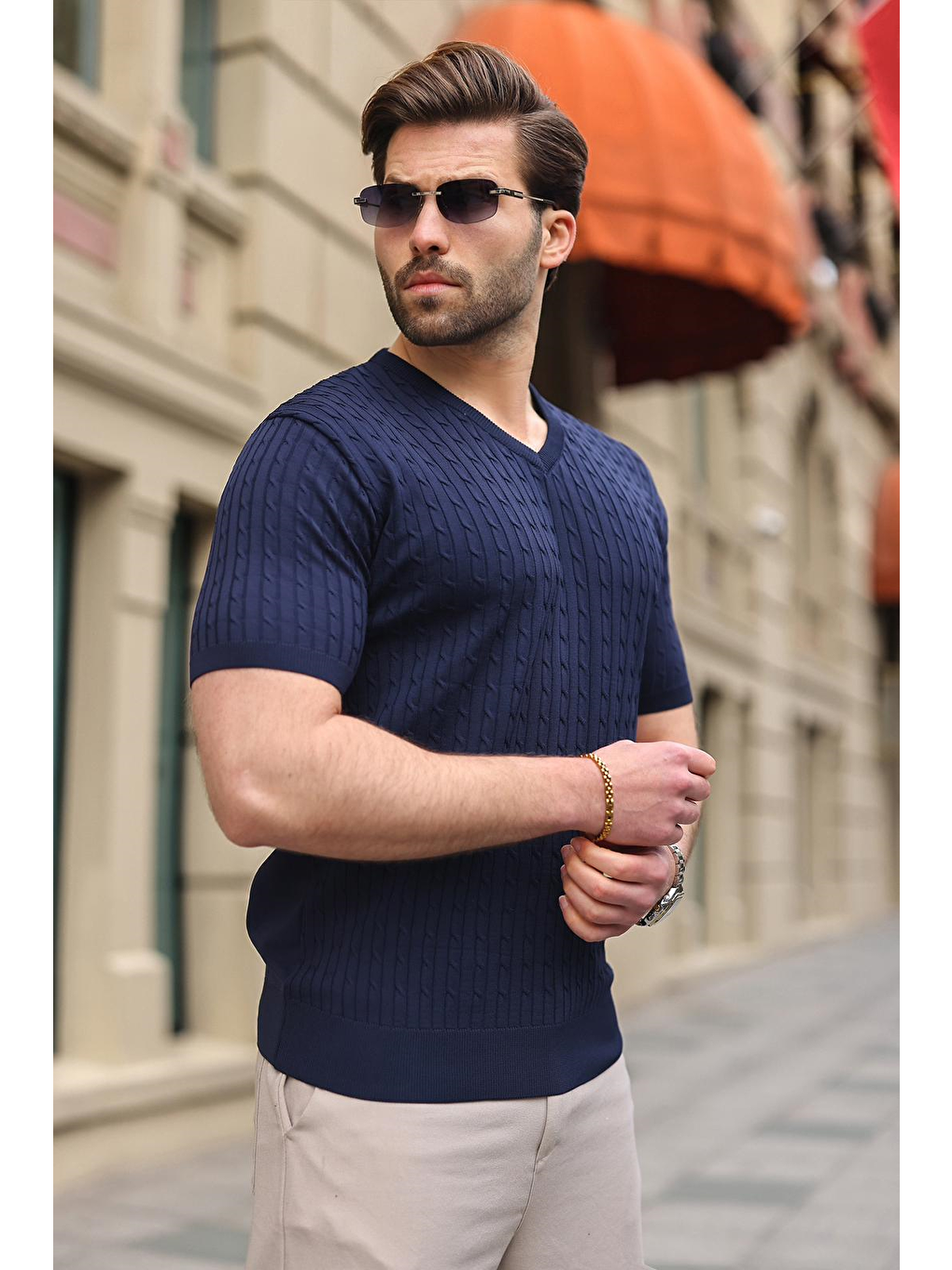 Lacivert V Yaka Kısa Kollu Triko Erkek Tişört E7467-3