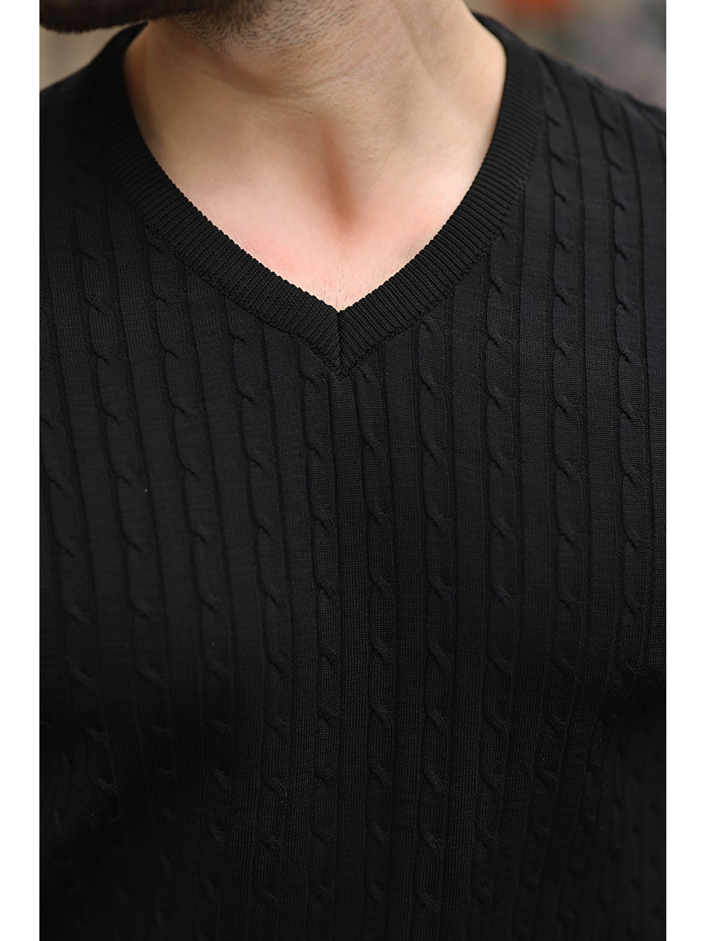 Siyah V Yaka Kısa Kollu Triko Erkek Tişört E7467-2