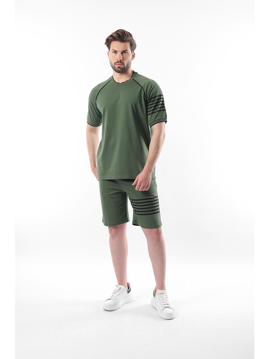 Haki Baskılı Reglan Kol Erkek Şort T-Shirt Takımı E7306