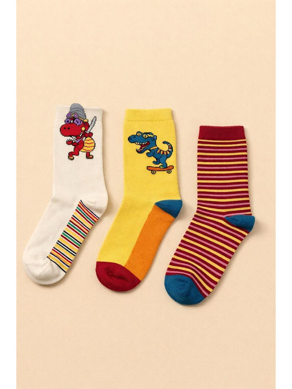 Karışık Çocuk 3'Lü Dinozor Desenli Soket Çorap