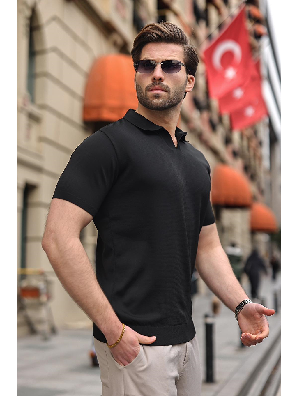 Siyah Polo Yaka Triko Kısa Kollu Erkek Tişört E7463-3