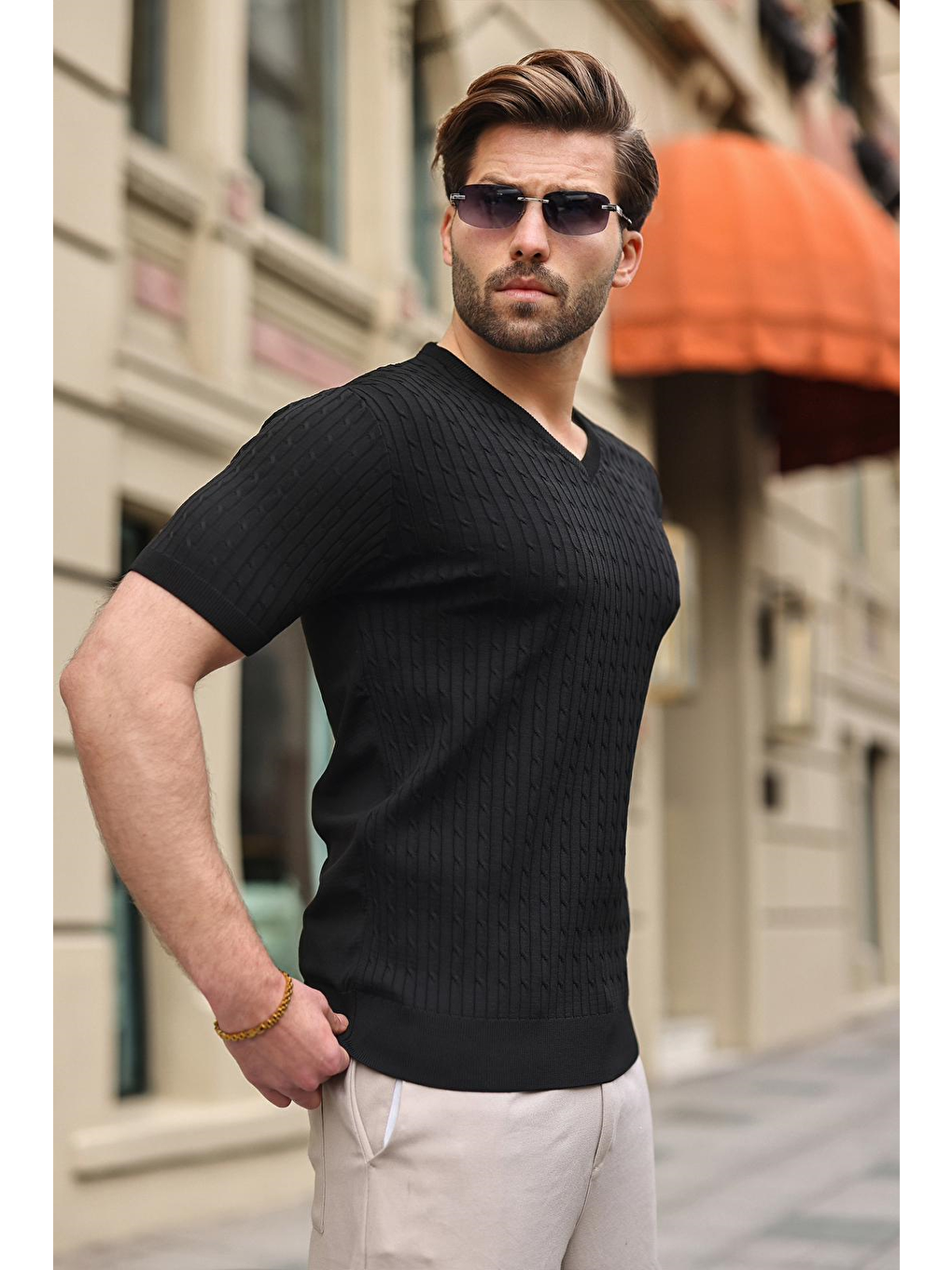 Siyah V Yaka Kısa Kollu Triko Erkek Tişört E7467-3