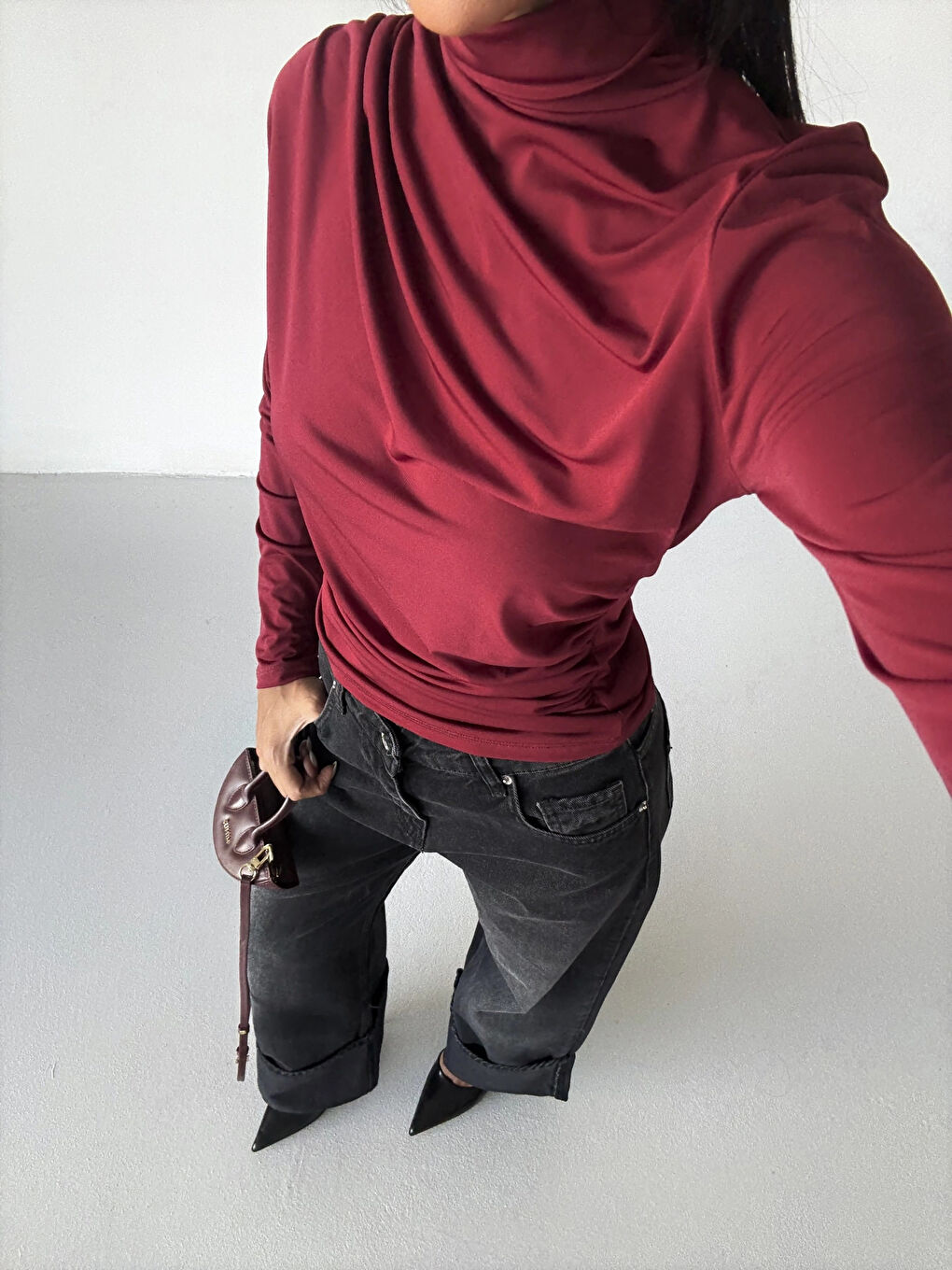 Kadın Bordo Uzun Kollu Drape Detaylı Boğazlı Sandy Bluz HZL25W-FRY123301-2