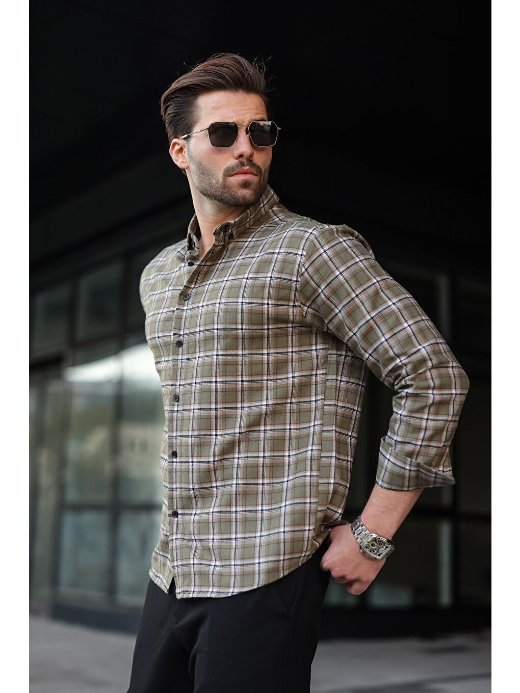 Haki Düğmeli Ekose Desenli Erkek Gömlek E6768-2