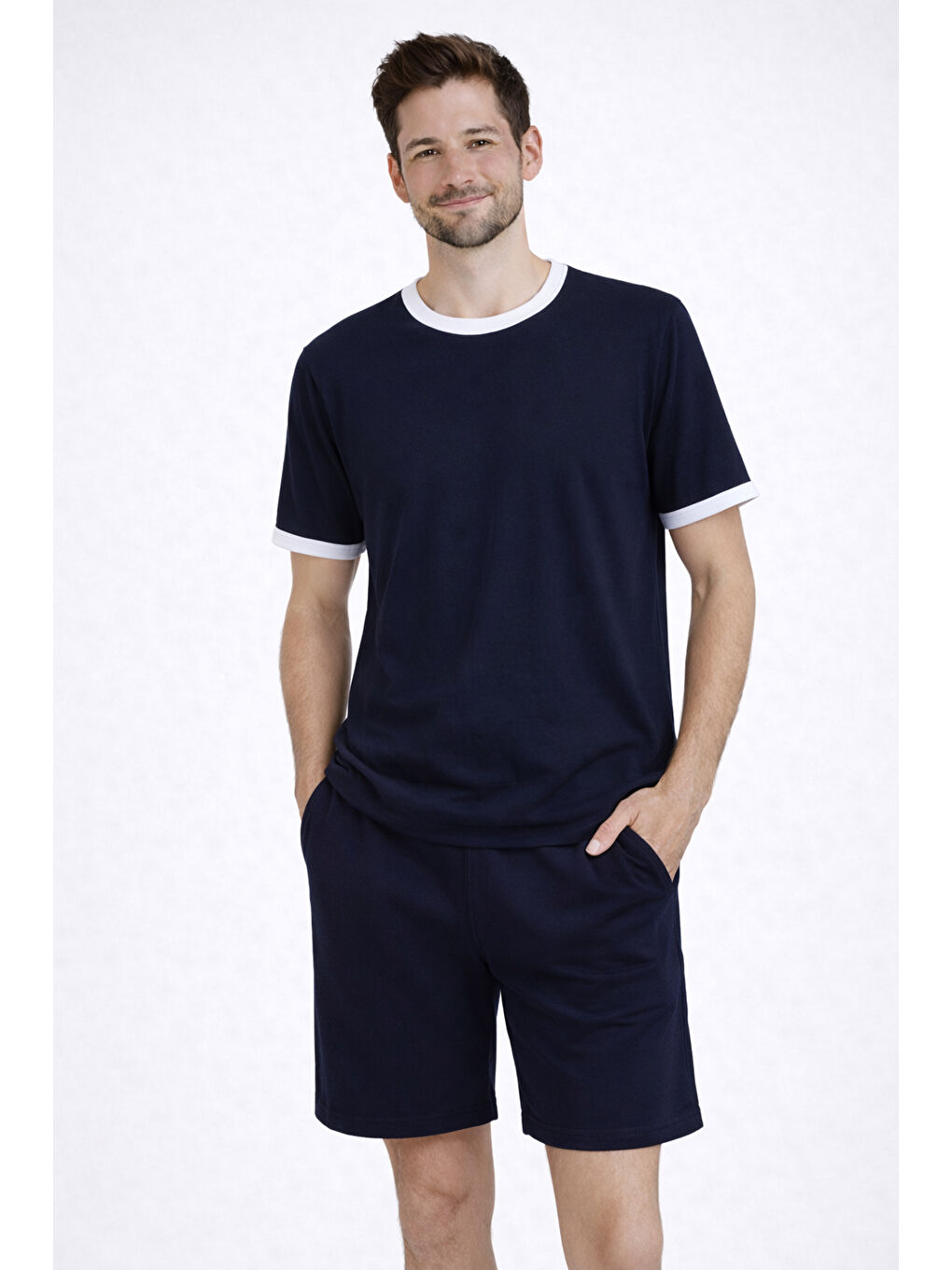 Erkek Pamuklu Lacivert Cepli Şortlu Pijama Takımı-1