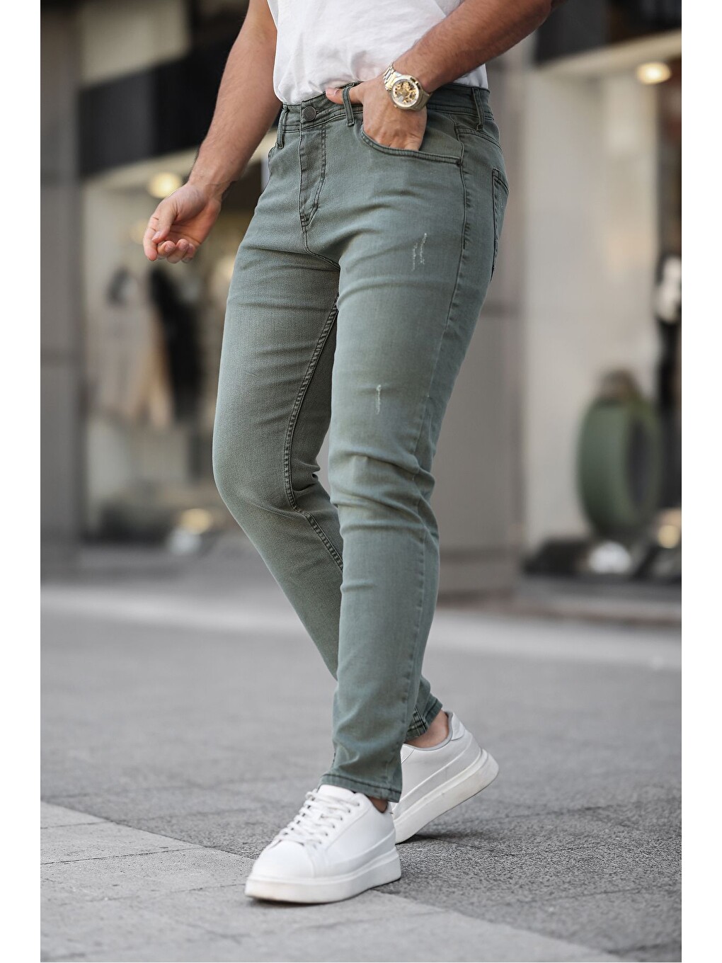 Haki Erkek Jeans Slim Fit Elastanlı Denim Yeşil Jean Pantolon