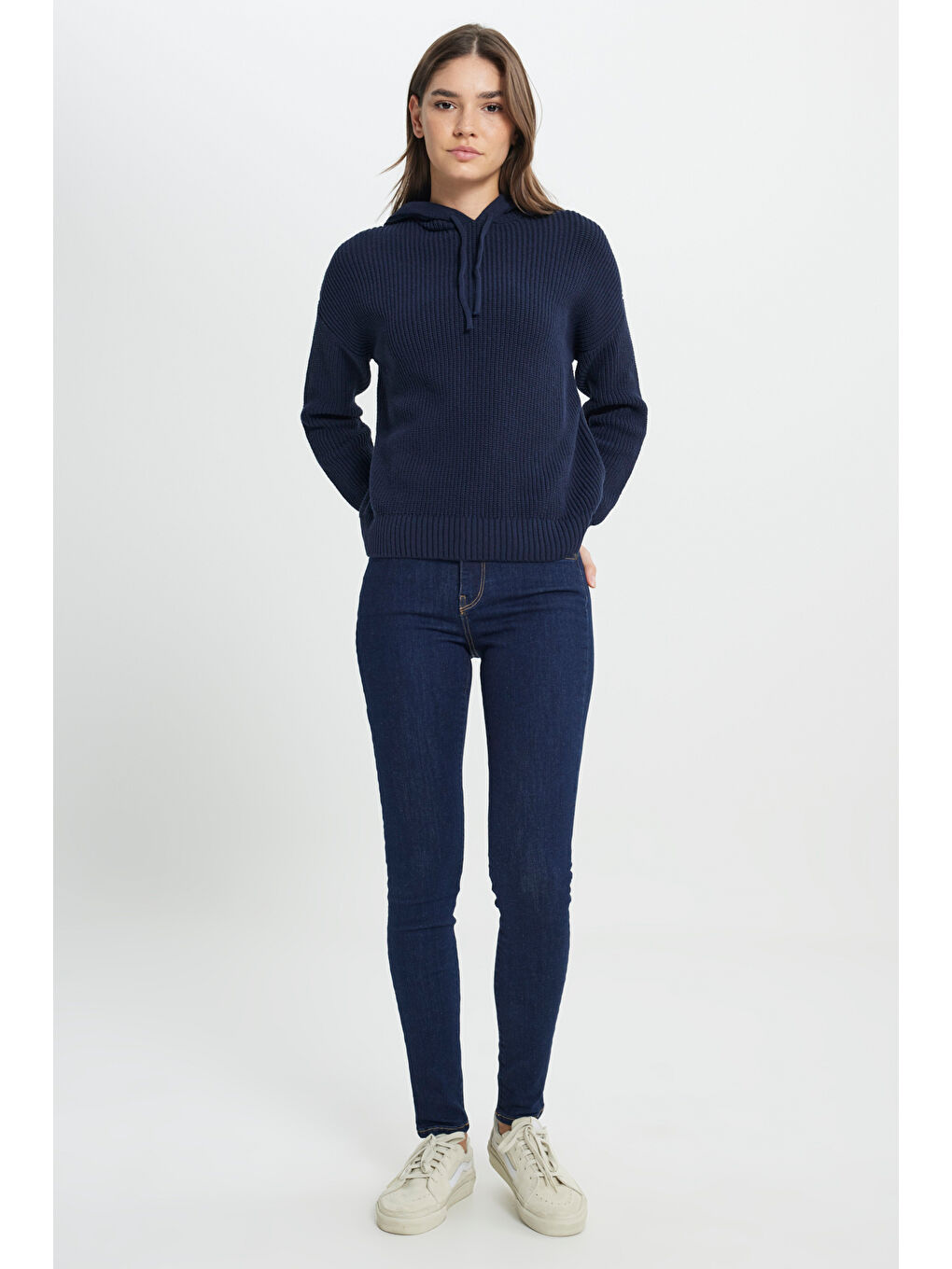 Relaxed Fit Geniş Kesim Kapüşonlu Lacivert Triko Kazak-2