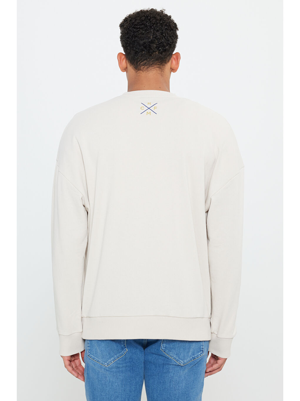 Erkek Açık Bej Oversize Fit Bol Kesim Real Madrid Lisanslı 3 İplik Pamuklu Bisiklet Yaka Sweatshirt-4