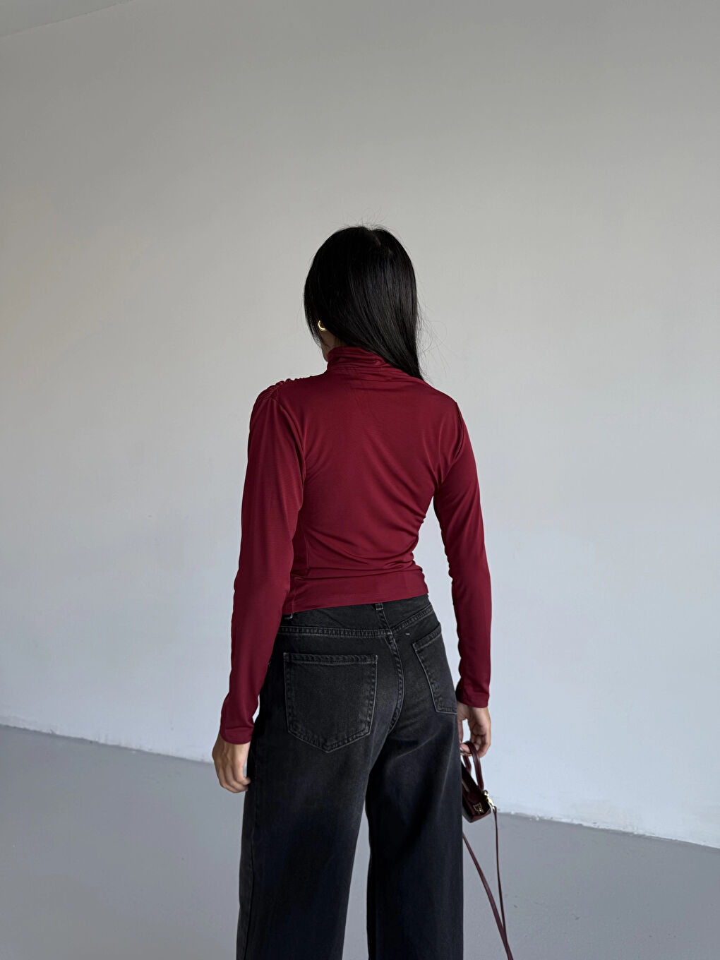 Kadın Bordo Uzun Kollu Drape Detaylı Boğazlı Sandy Bluz HZL25W-FRY123301-3