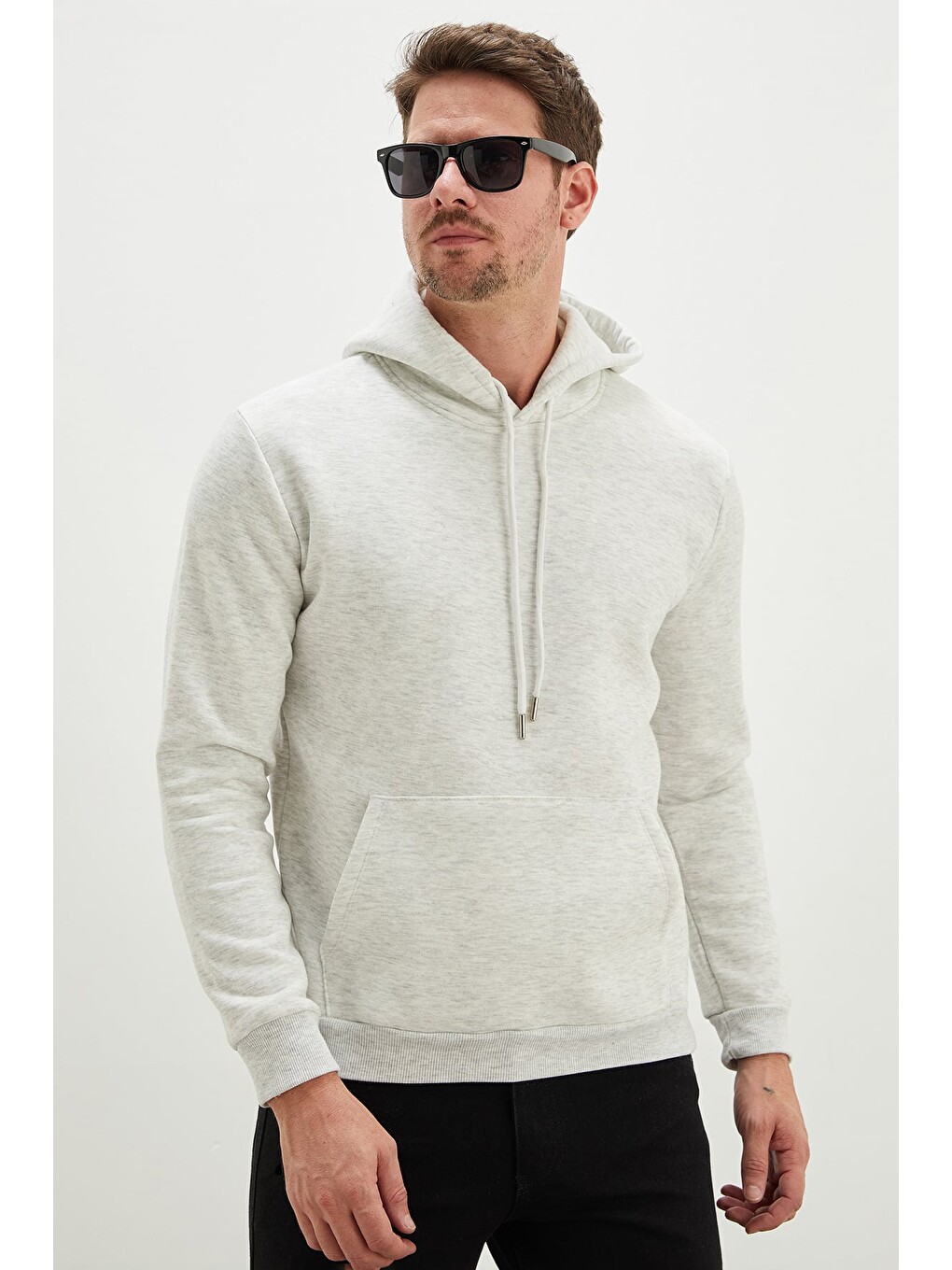 Gri 3 İplik Basic Kapüşonlu Kanguru Cepli Sweatshirt-1