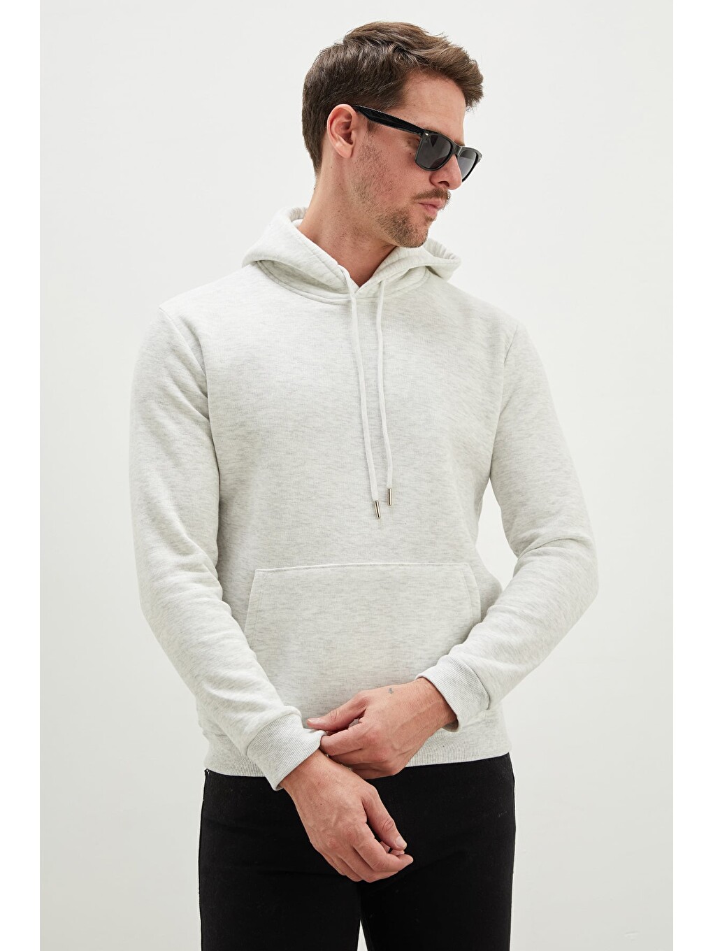 Gri 3 İplik Basic Kapüşonlu Kanguru Cepli Sweatshirt-3