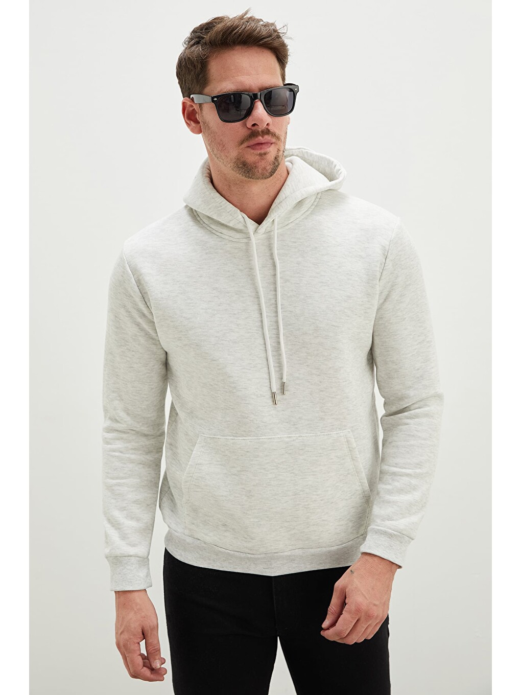 Gri 3 İplik Basic Kapüşonlu Kanguru Cepli Sweatshirt-4