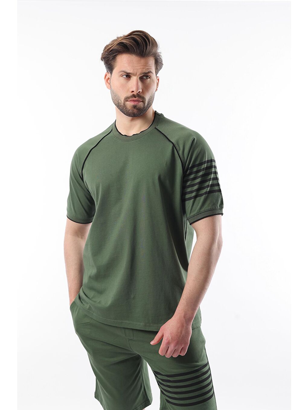 Haki Baskılı Reglan Kol Erkek Şort T-Shirt Takımı E7306-2