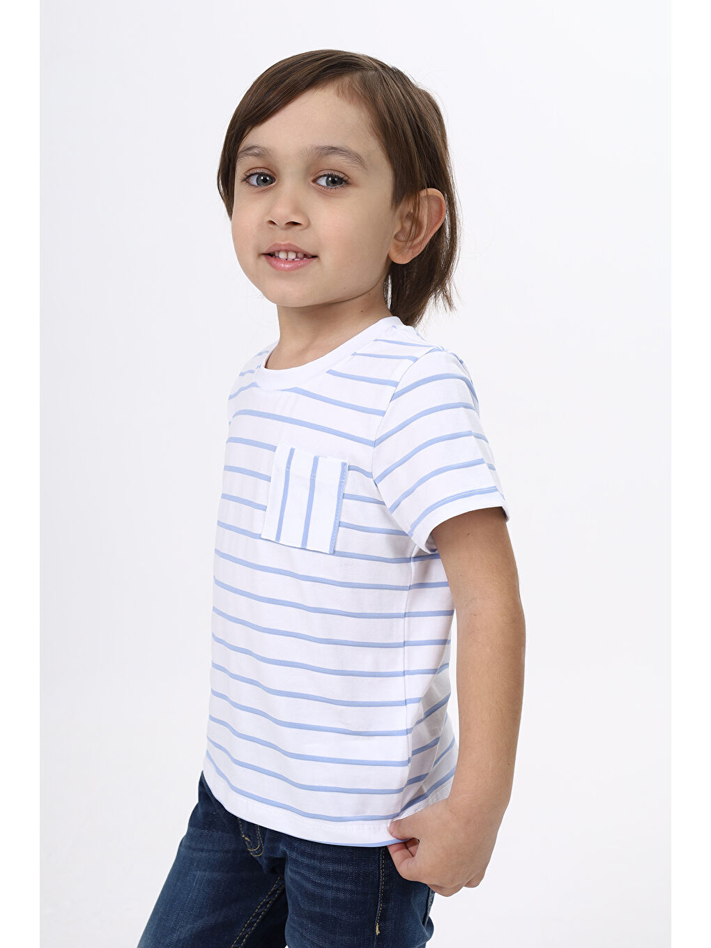 Beyaz Erkek Çocuk Çizgili Tişört-1