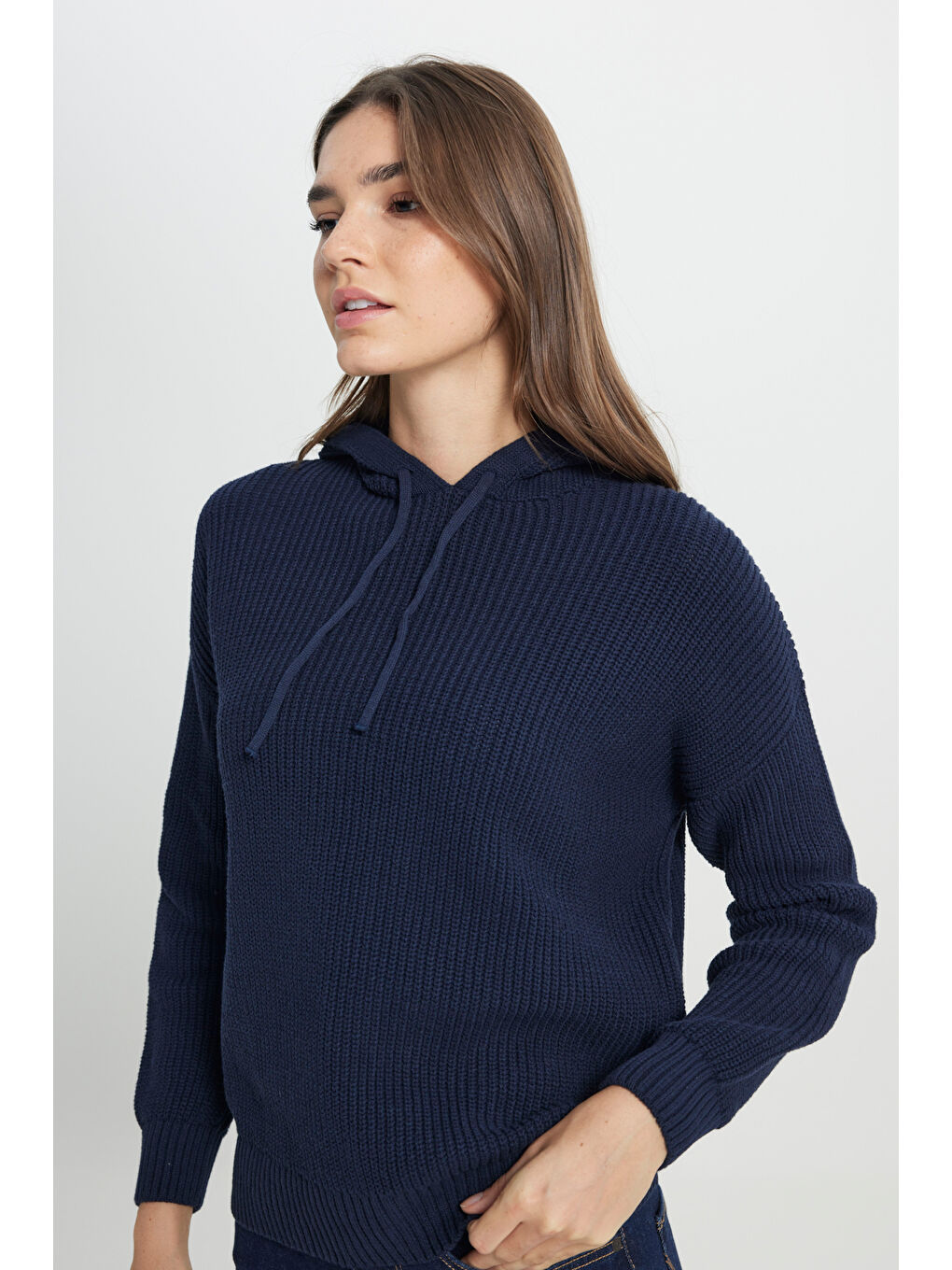 Relaxed Fit Geniş Kesim Kapüşonlu Lacivert Triko Kazak-3